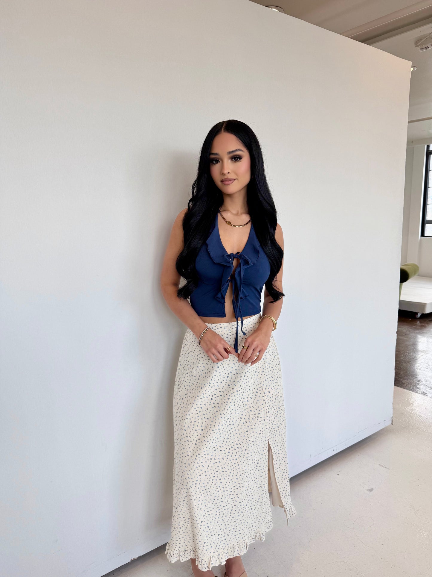 Cream blue midi skirt
