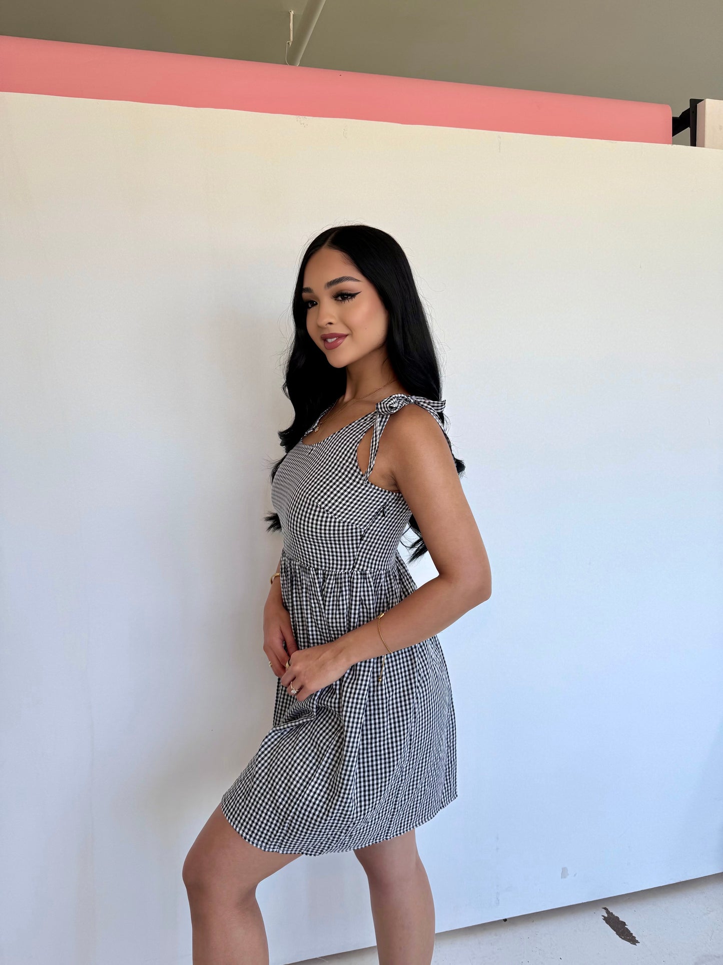 Gingham black mini dress