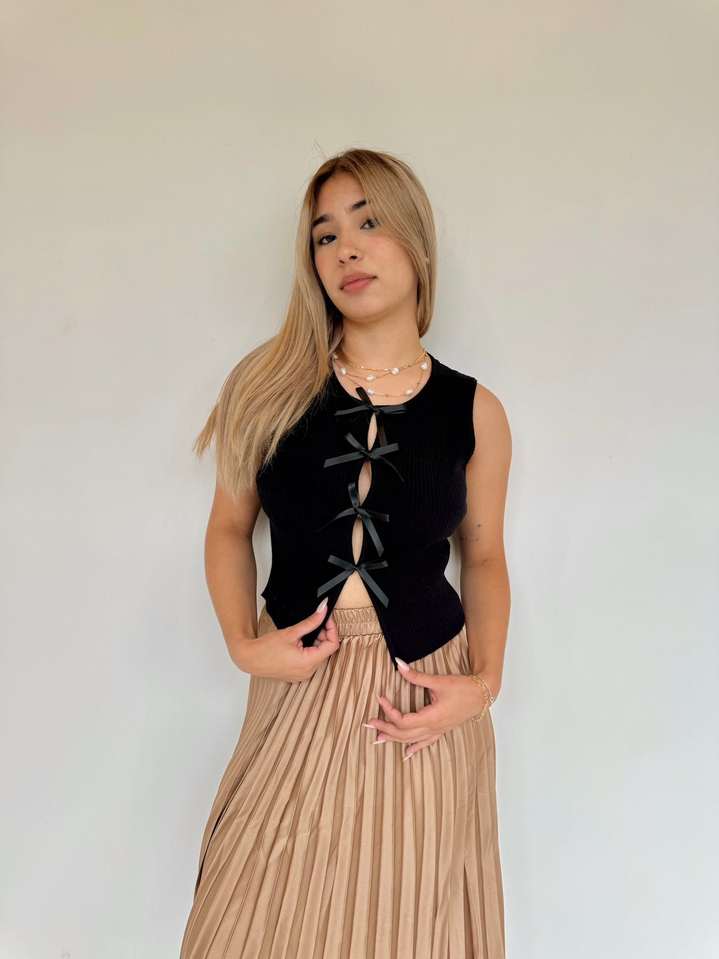 Saria black satin bow top