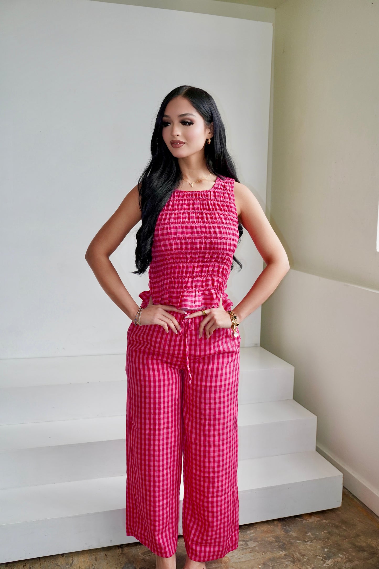 pink gingham pants