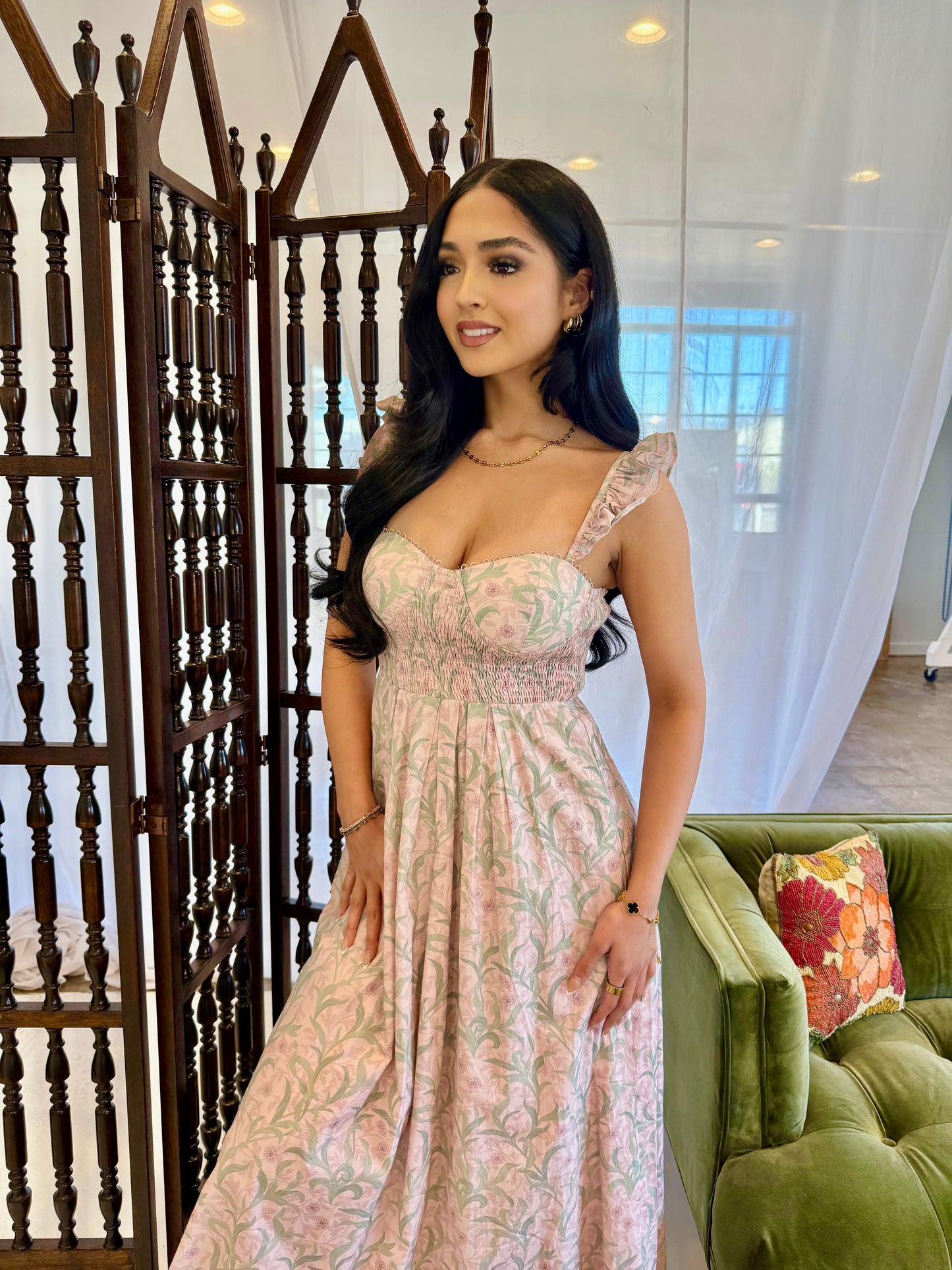 Pink corset ruffle midi dress