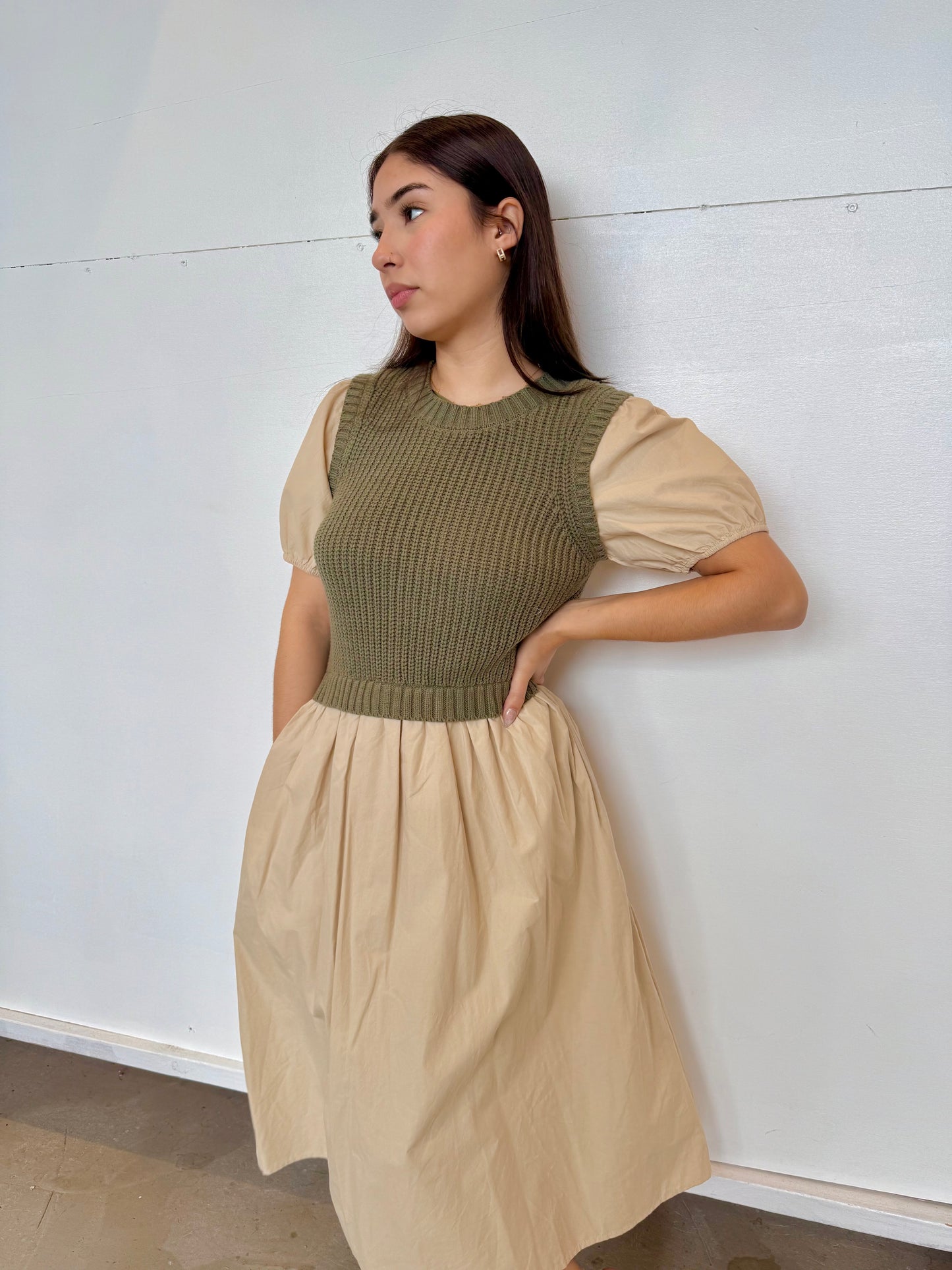 Olive mixed media dress