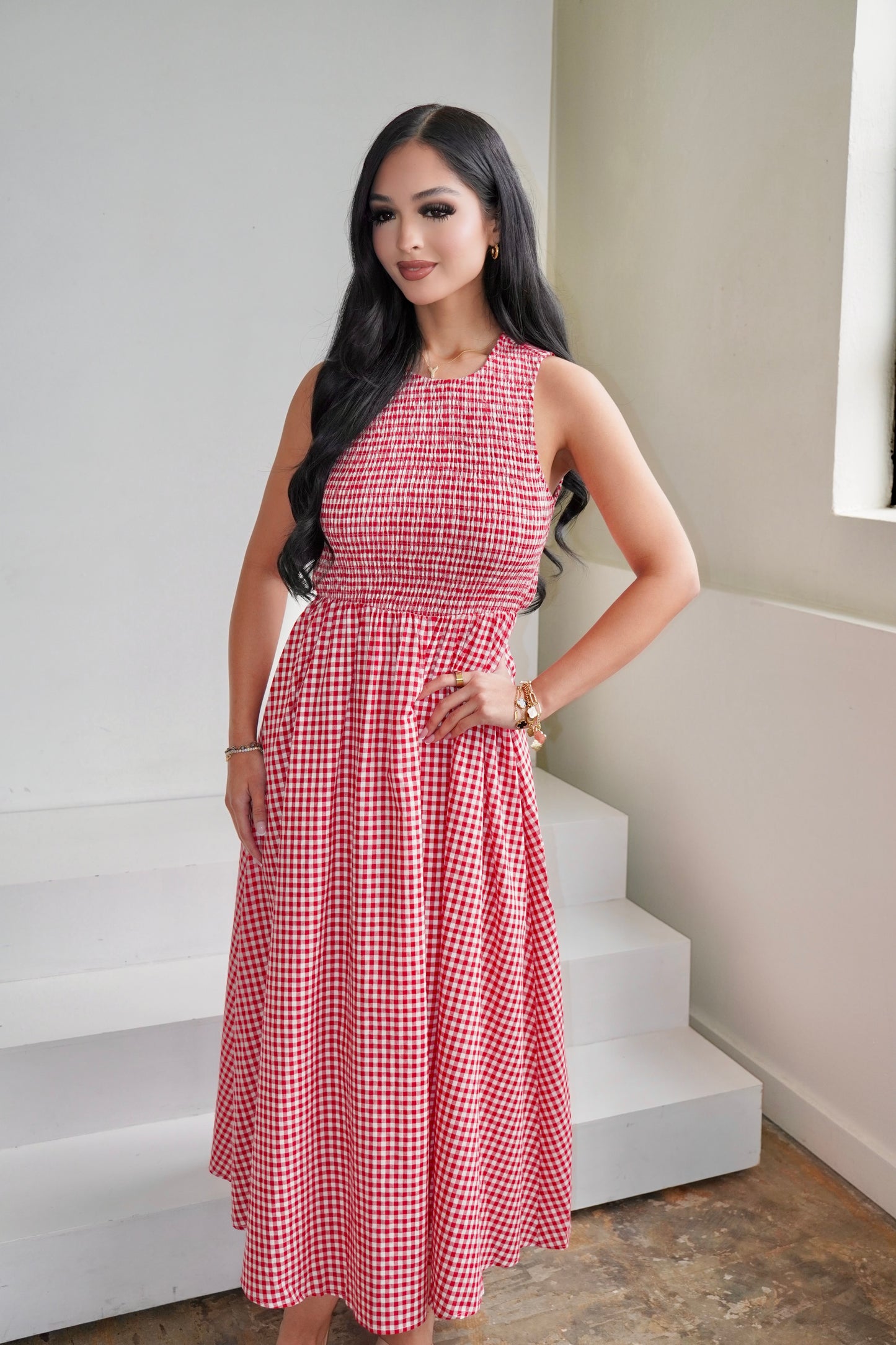 Red gingham midi dress