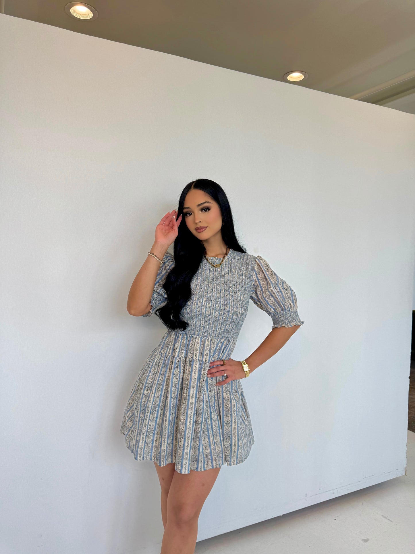 Smocked blue mini dress