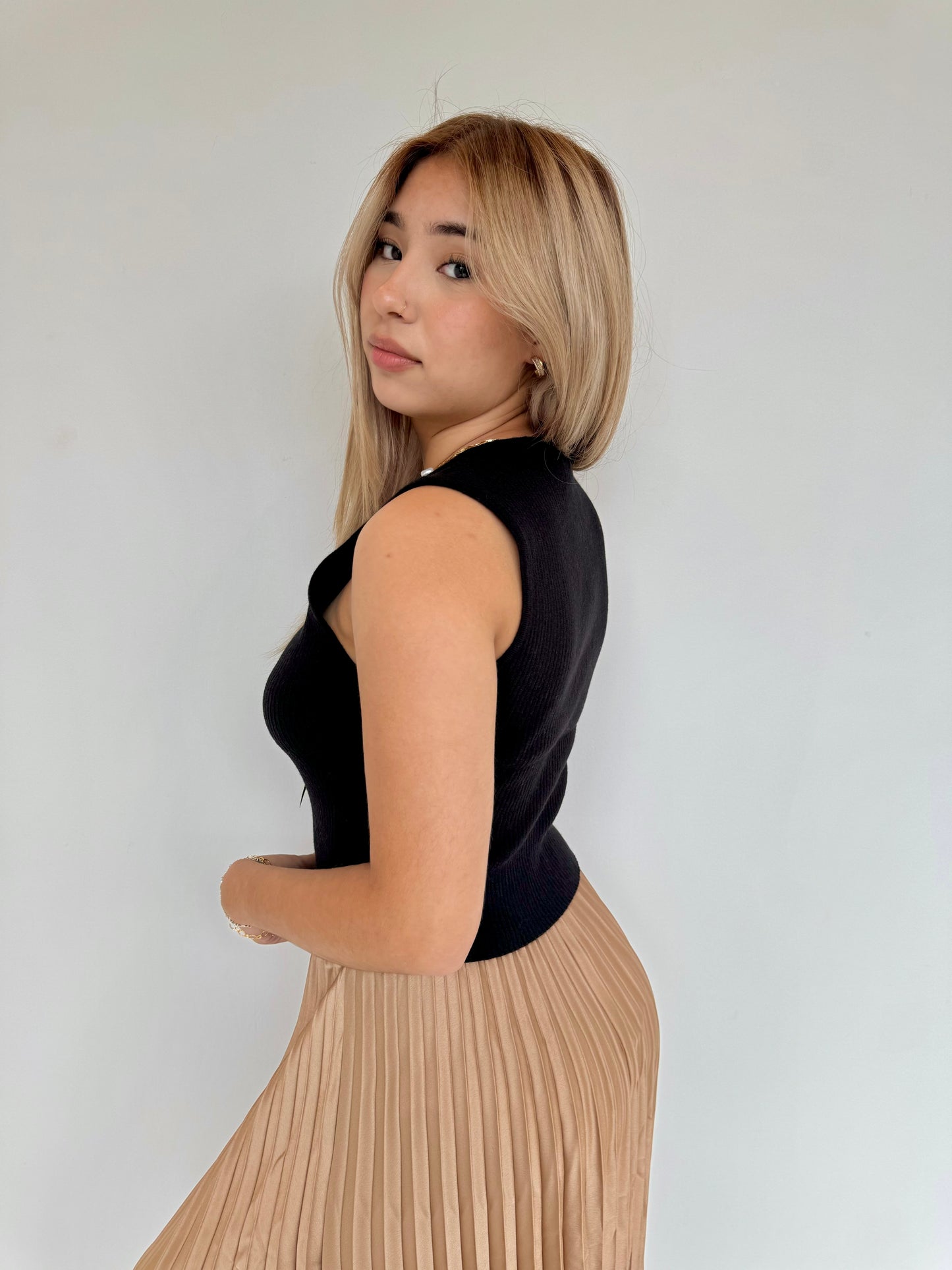 Saria black satin bow top