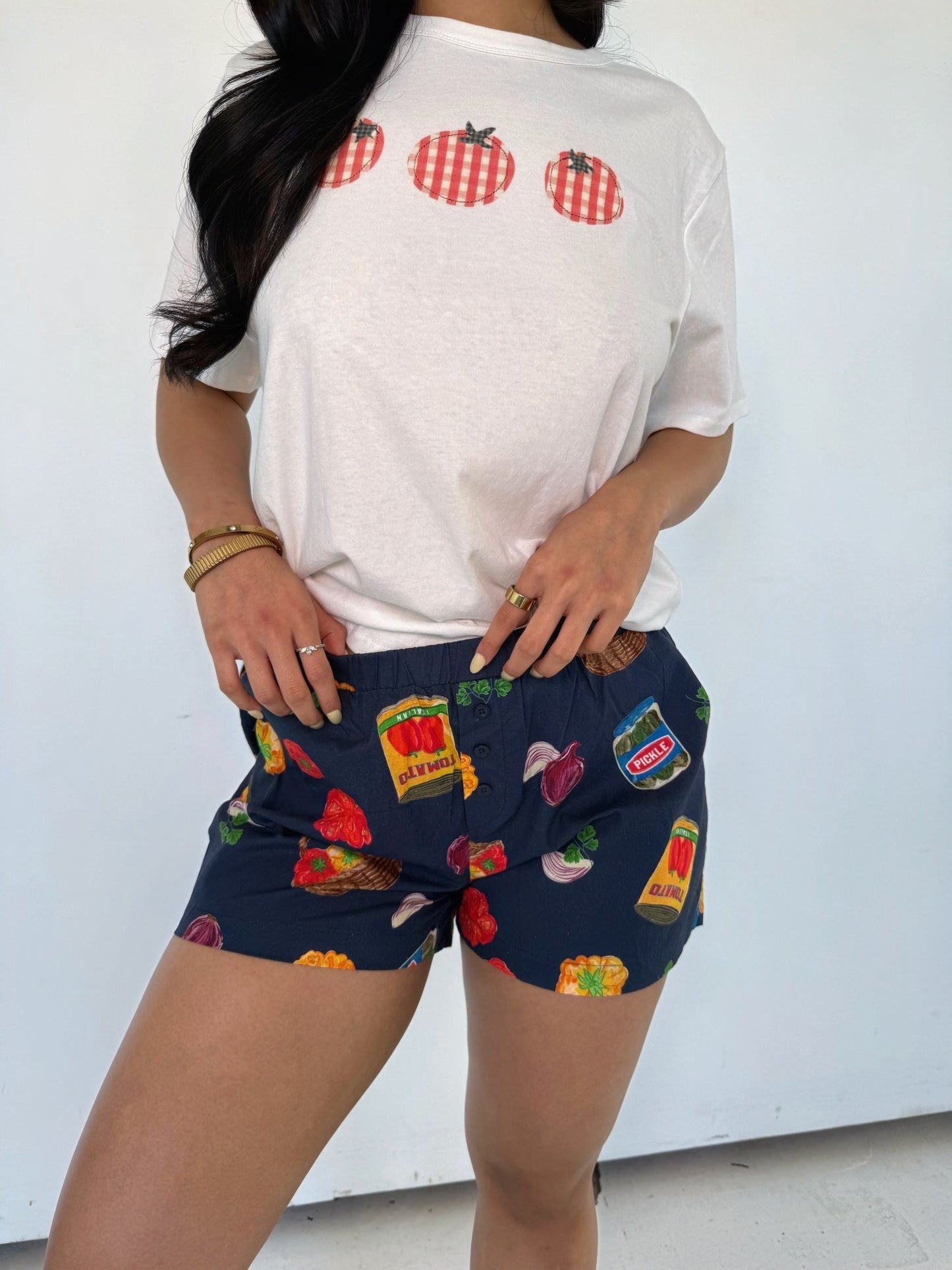 Grocery print blue shorts