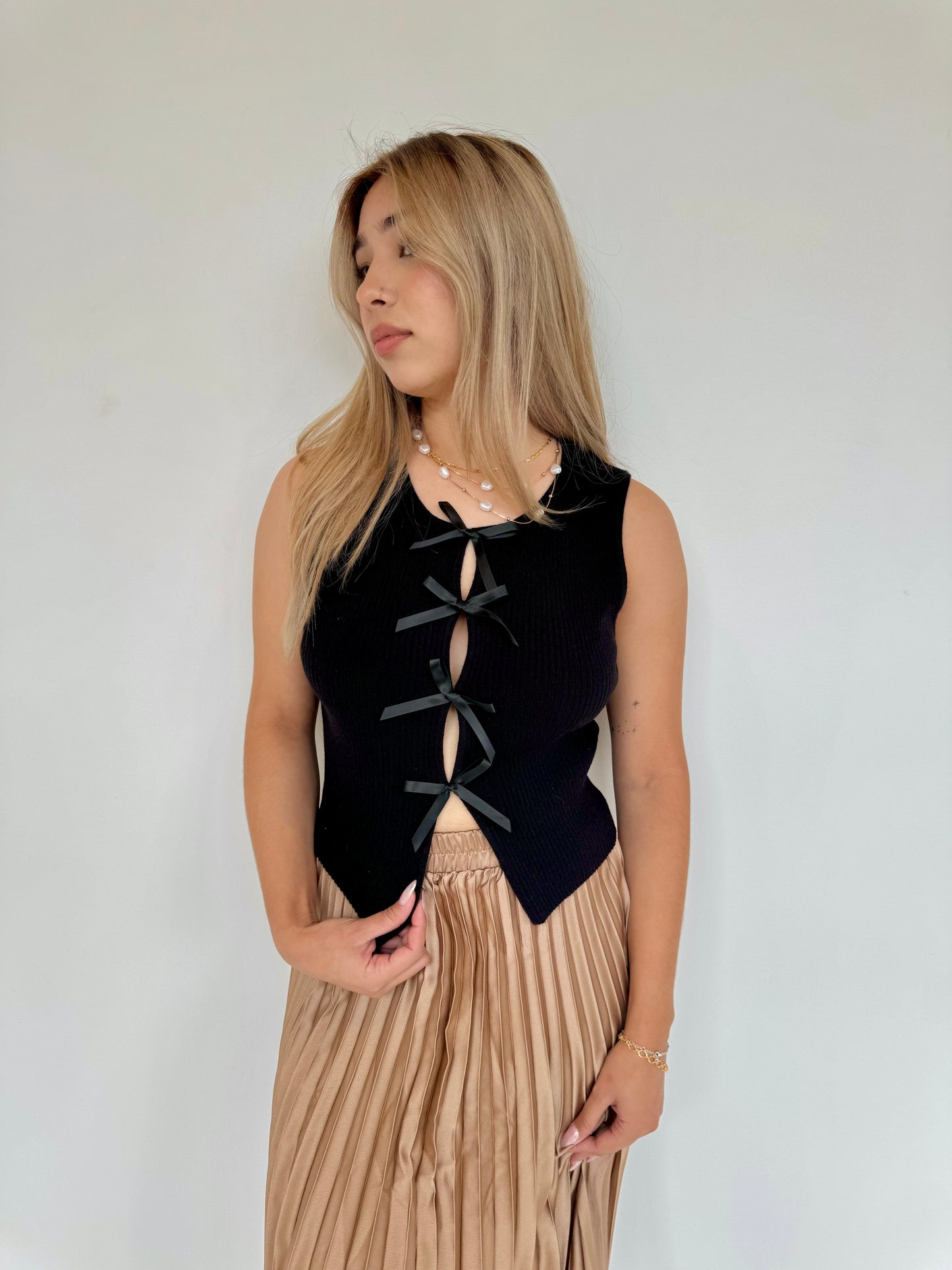 Saria black satin bow top