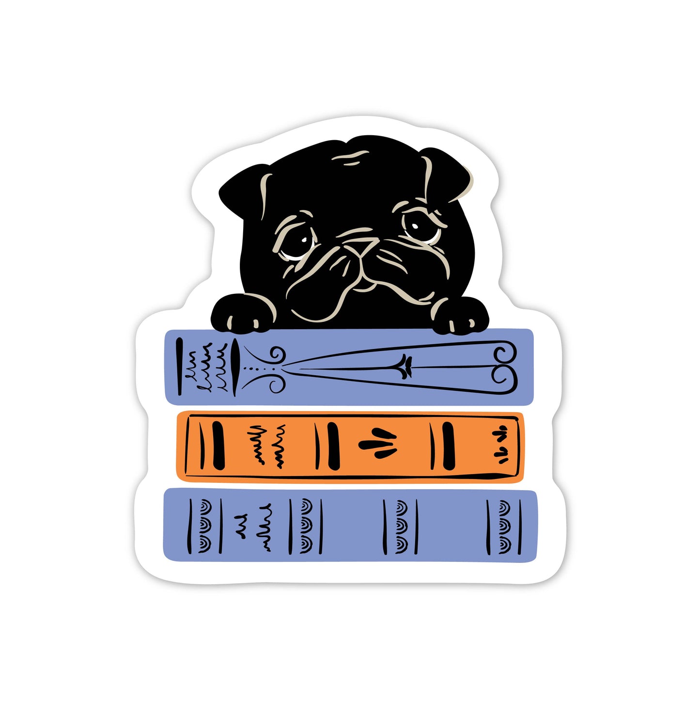Black Pug Dog & Books Vinyl Sticker