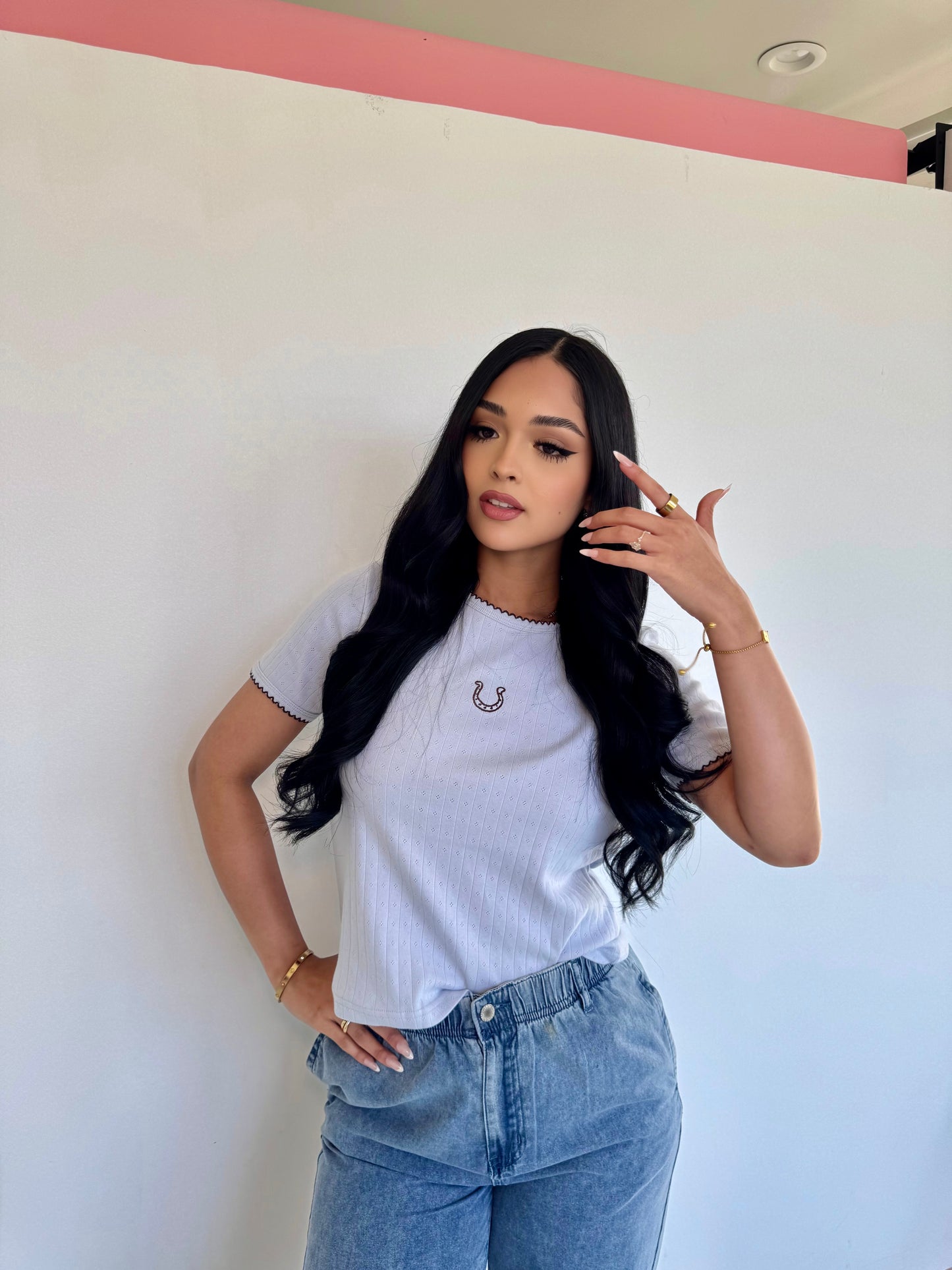 Horse shoe Dusty blue knit top