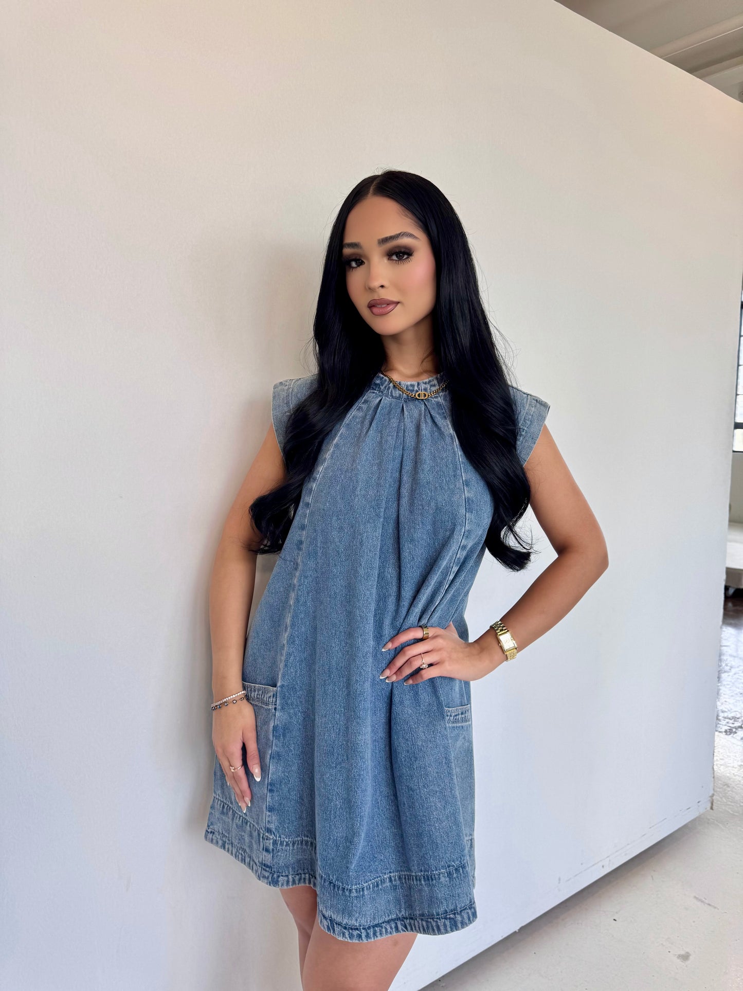 Denim pleated mini dress