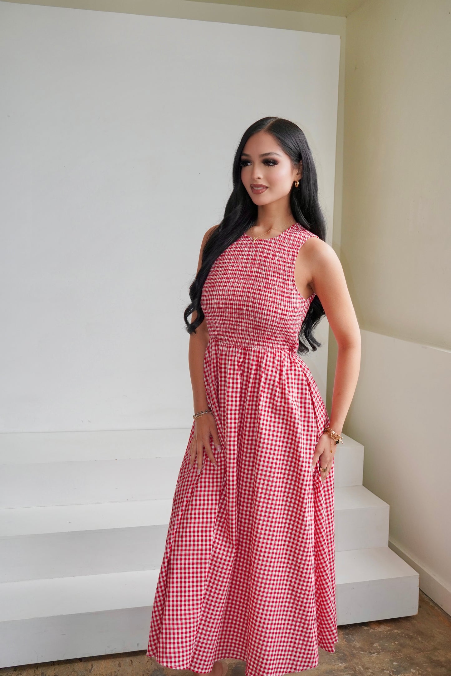 Red gingham midi dress