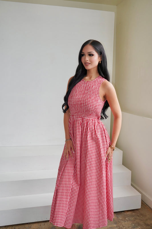 Red gingham midi dress