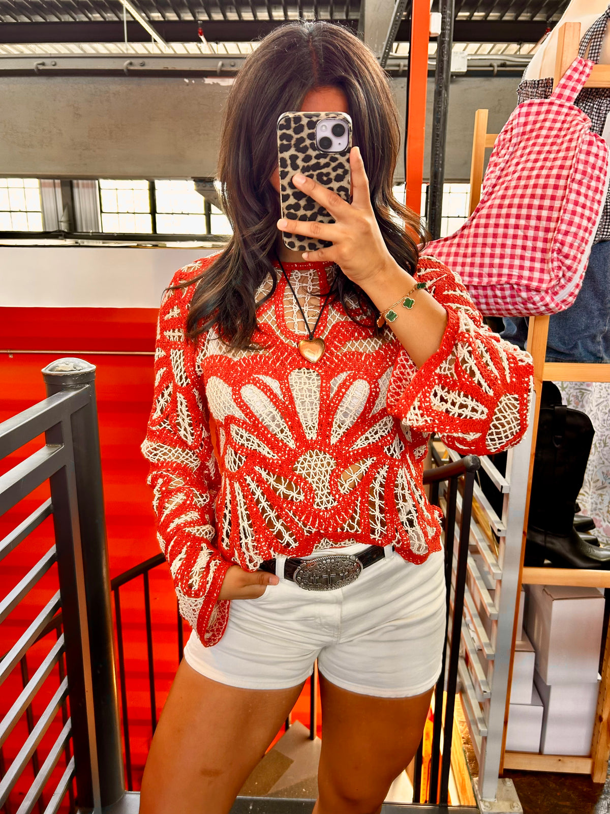 boho contrast rust crochet top