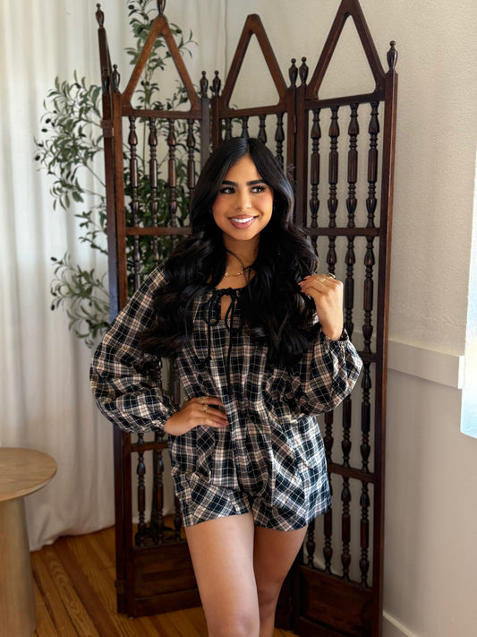 Black beige plaid romper