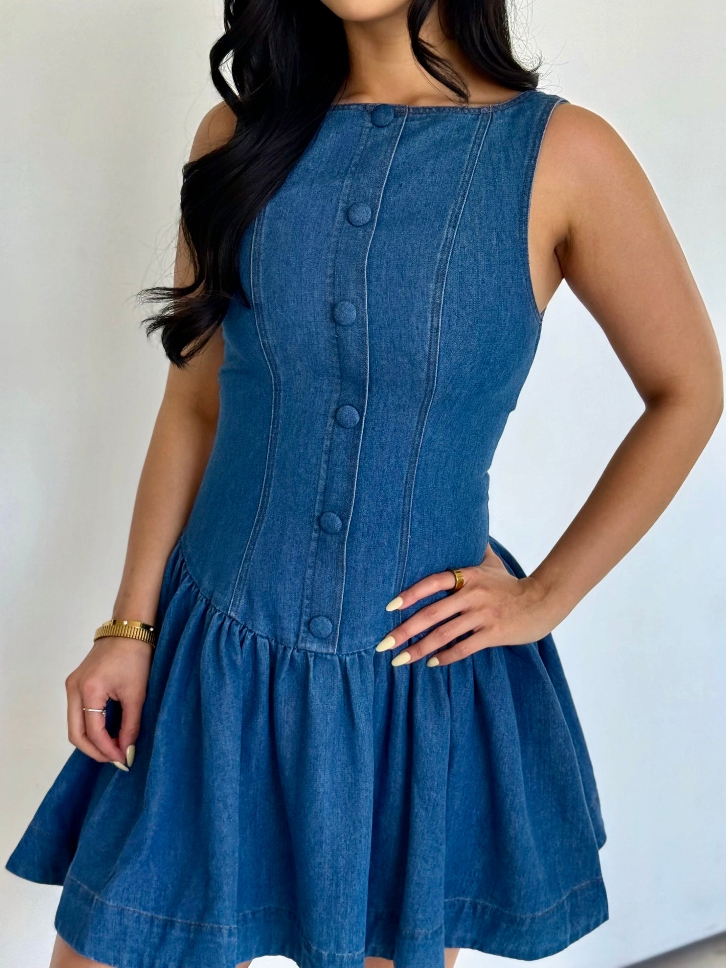 Indigo denim low waist mini dress