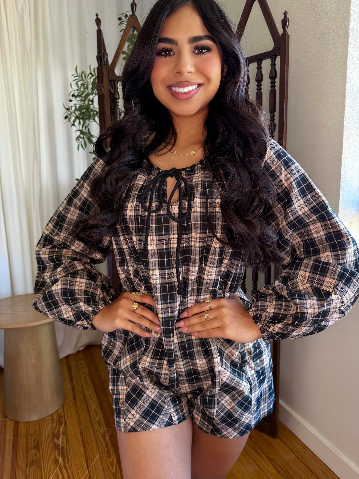 Black beige plaid romper