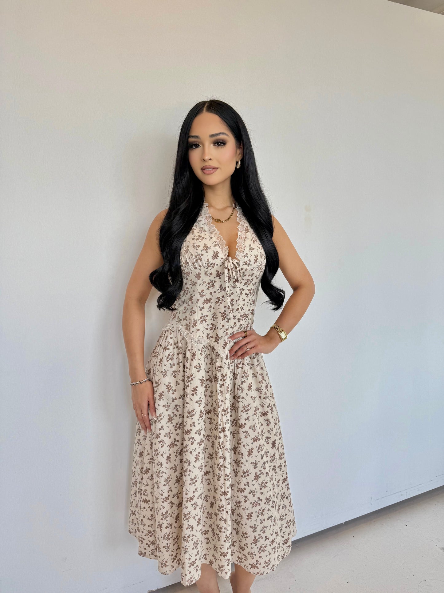 Lovers patch cream / brown midi dress