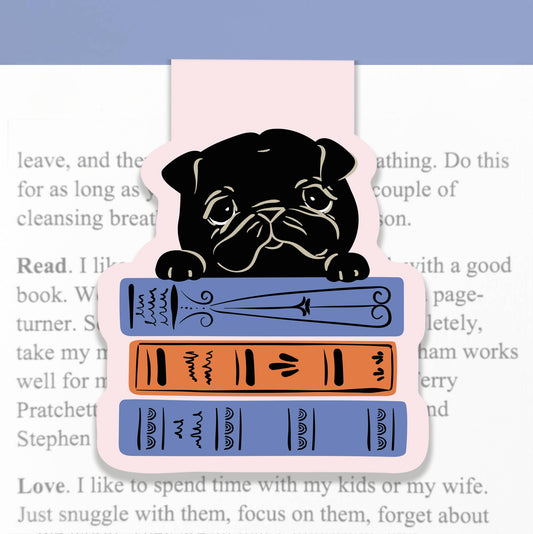 Magnetic Bookmark | Black Pug Dog & Books