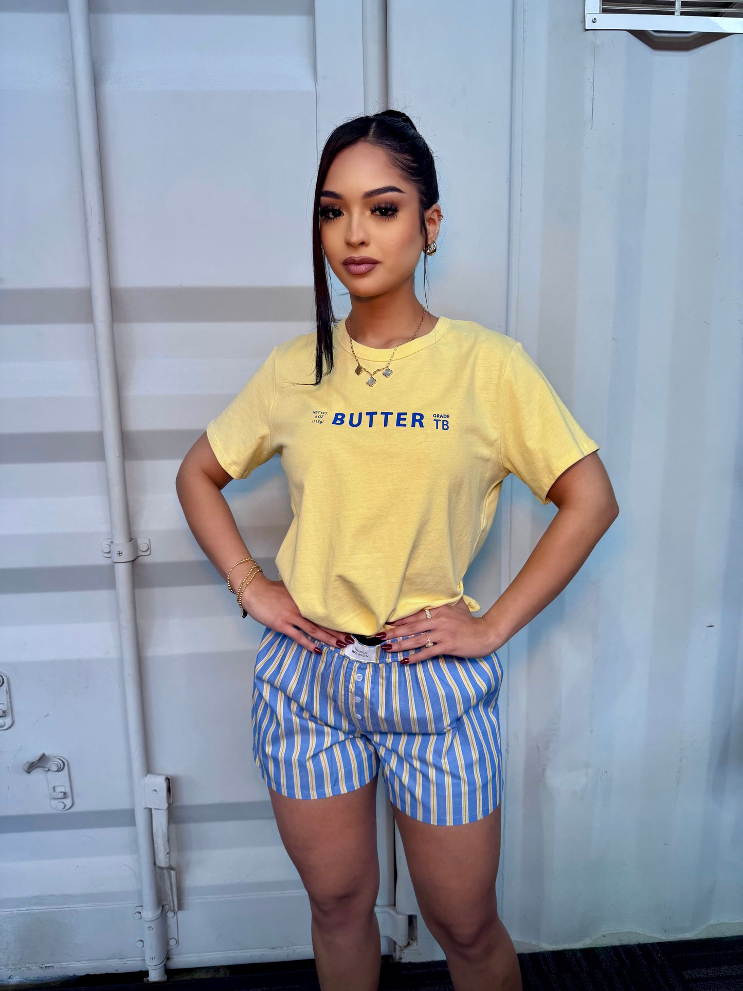 She’s blue boxer shorts