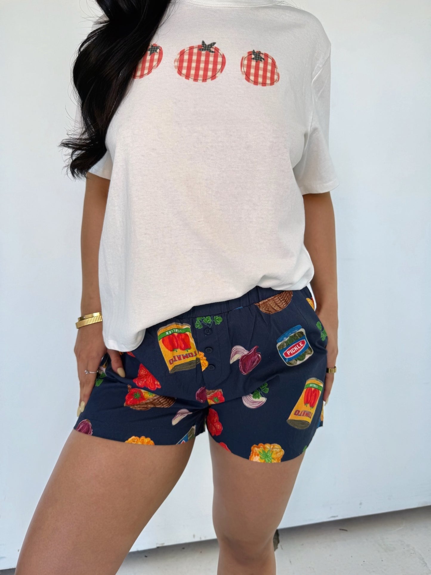 Grocery print blue shorts