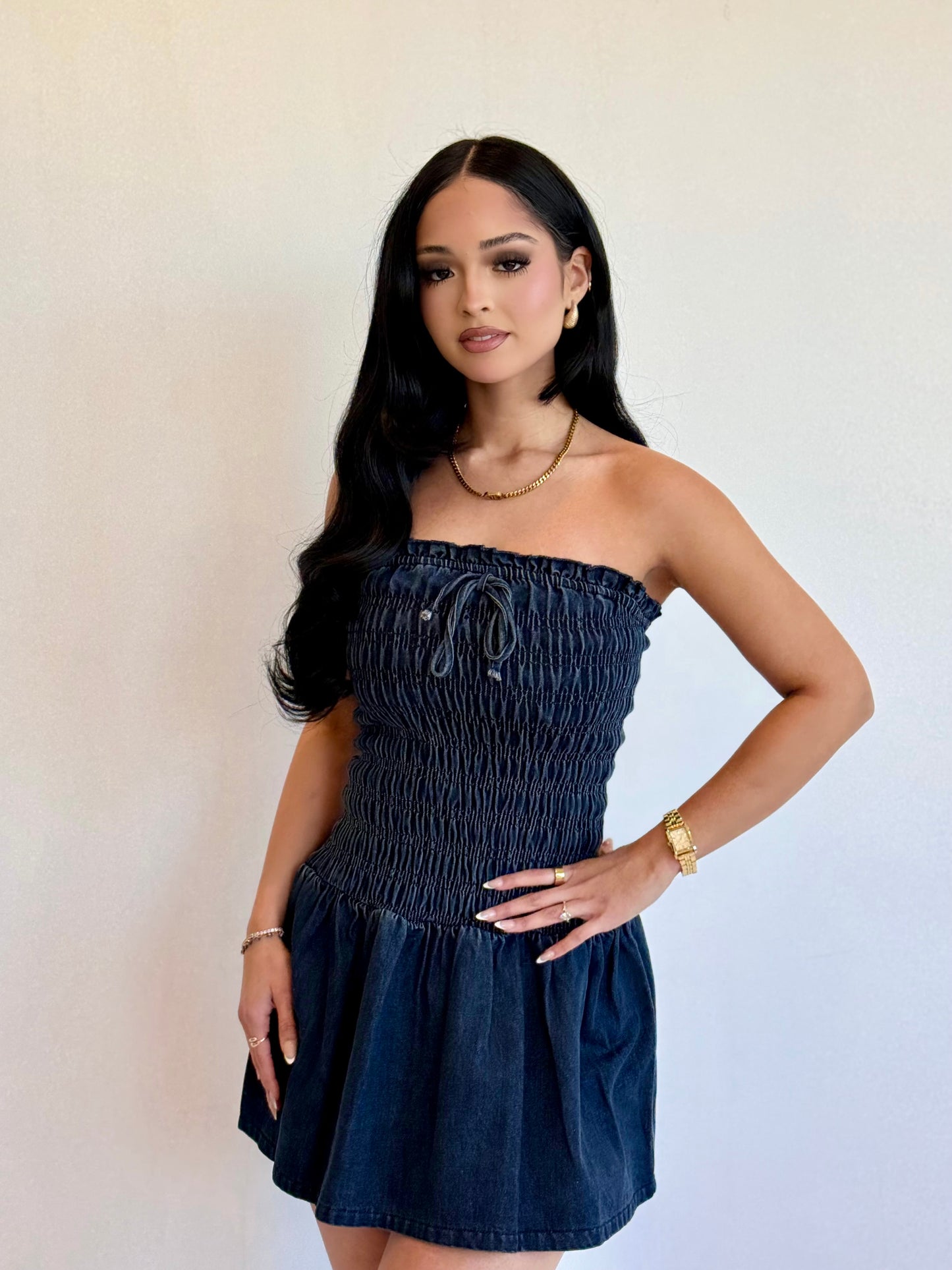 Smocking denim tube dress