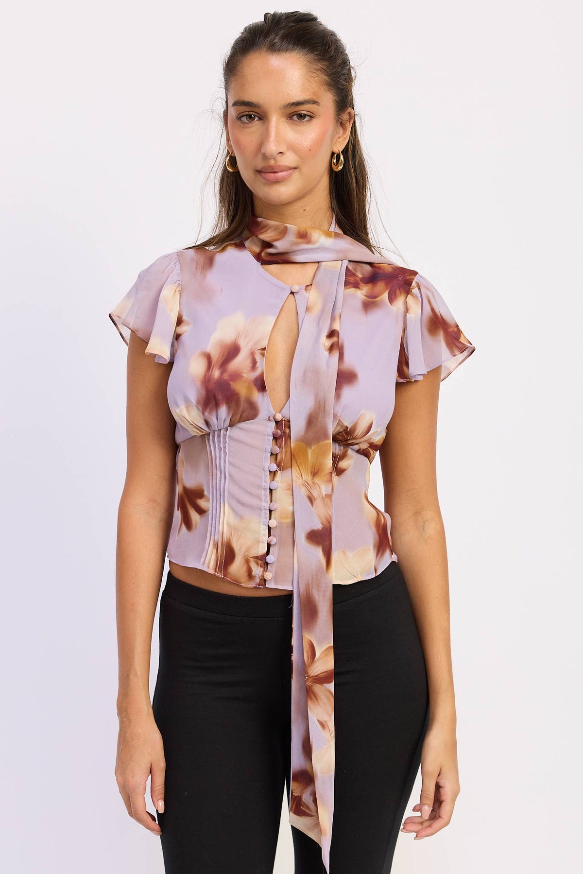 FLUTTER SLEEVE BUTTON FRONT SCARF BLOUSE