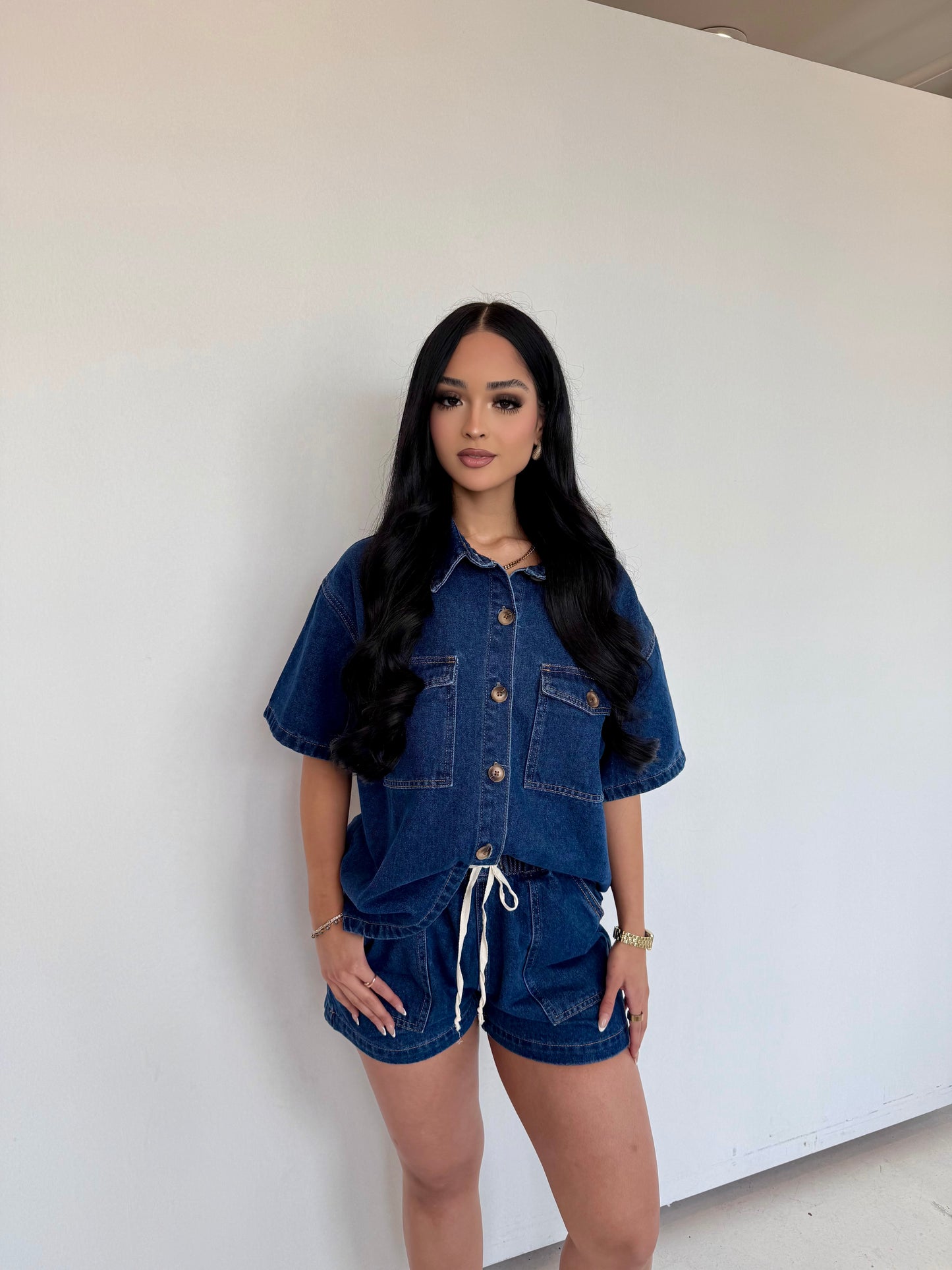 Denim tie shorts