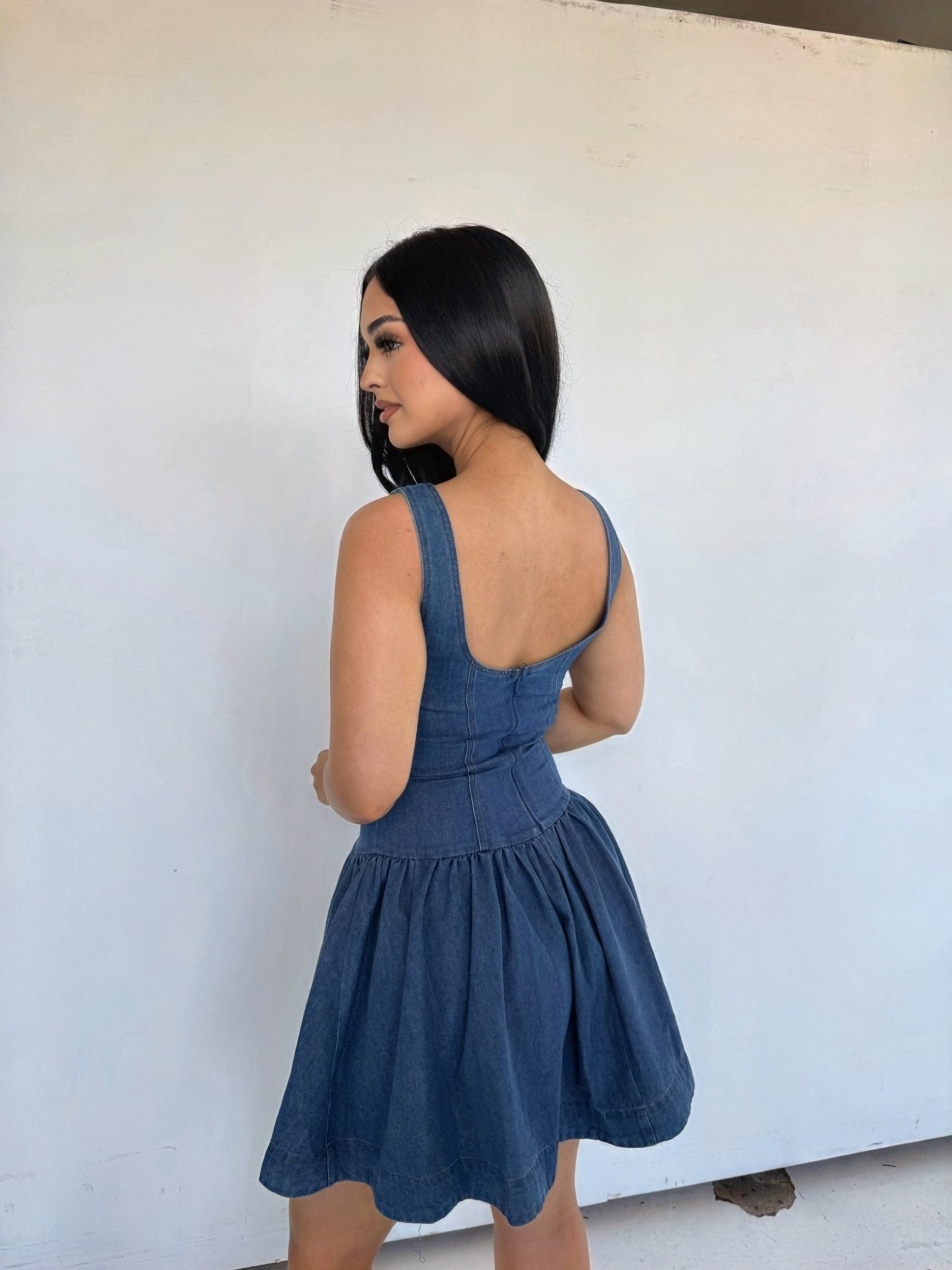 Indigo denim low waist mini dress