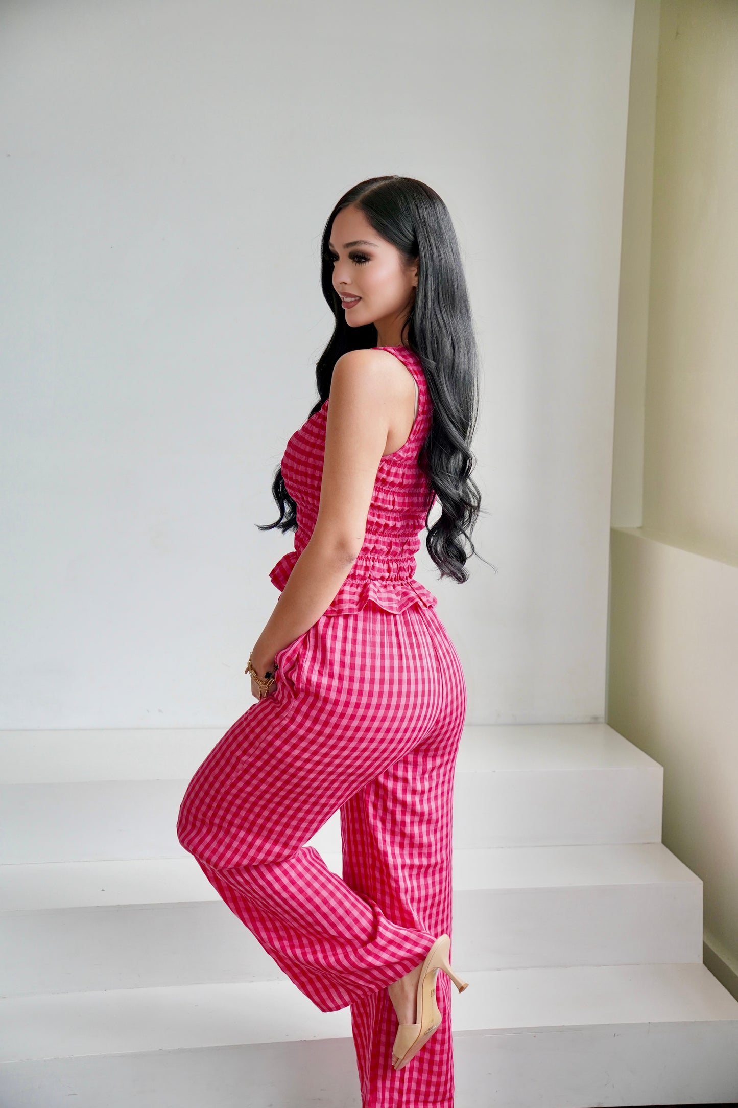 pink gingham pants