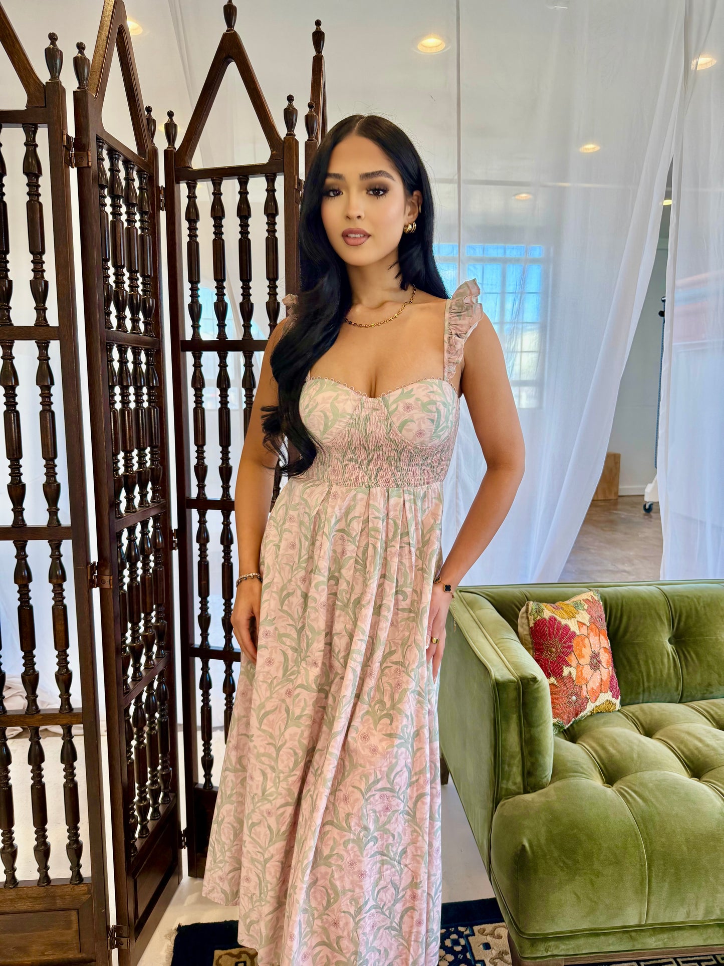 Pink corset ruffle midi dress