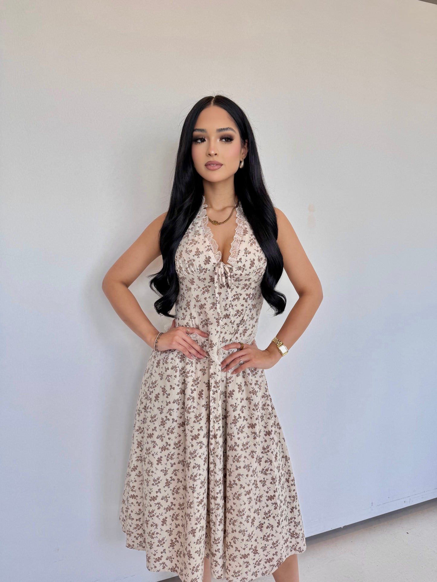 Lovers patch cream / brown midi dress