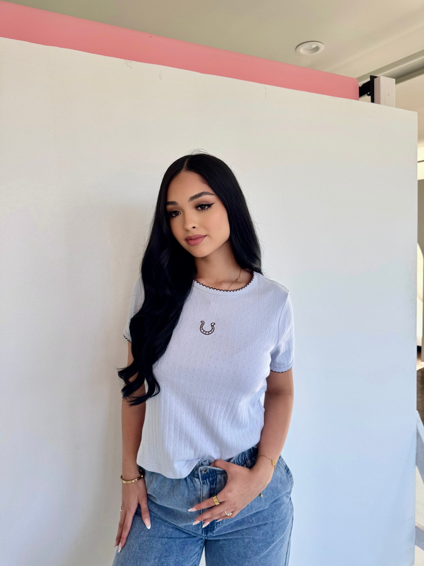 Horse shoe Dusty blue knit top