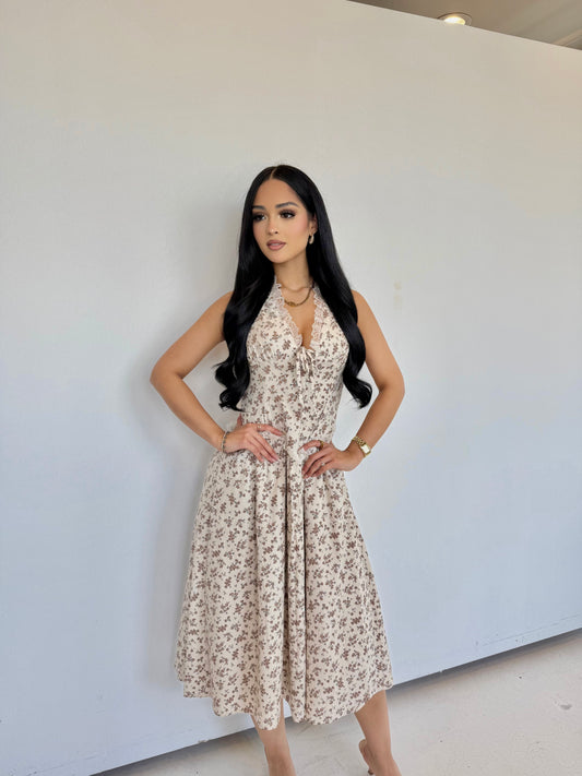 Lovers patch cream / brown midi dress
