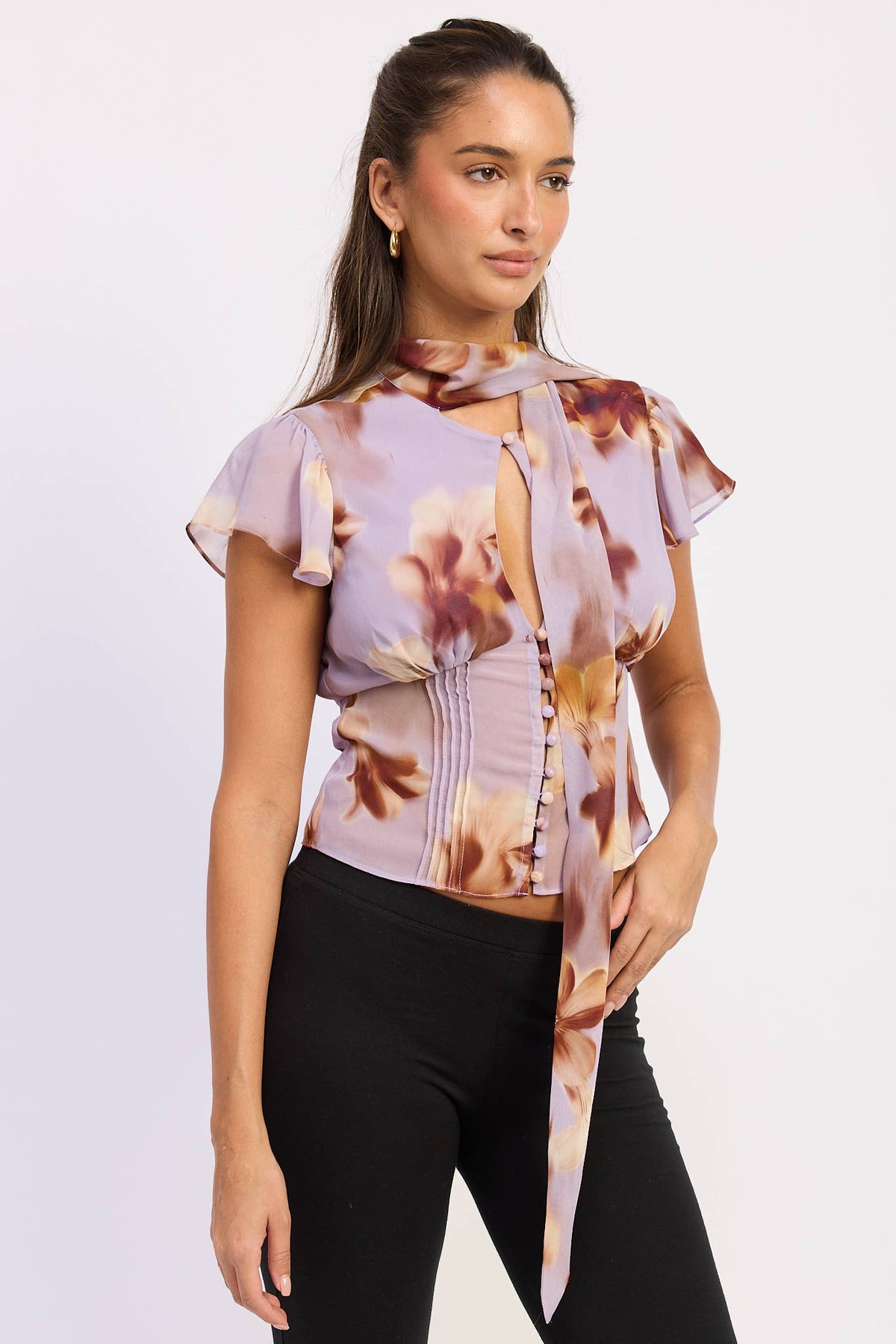 FLUTTER SLEEVE BUTTON FRONT SCARF BLOUSE