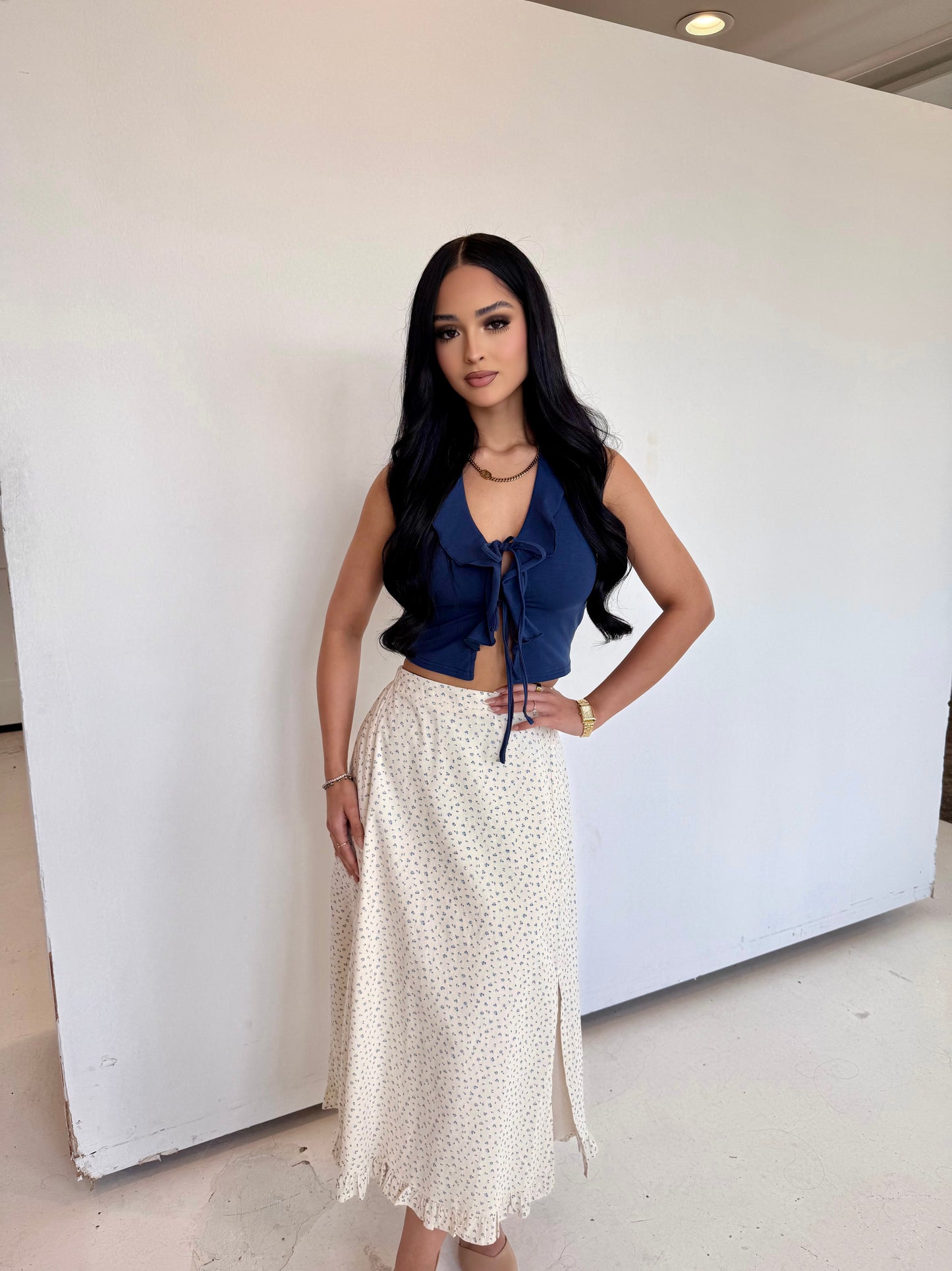 Cream blue midi skirt