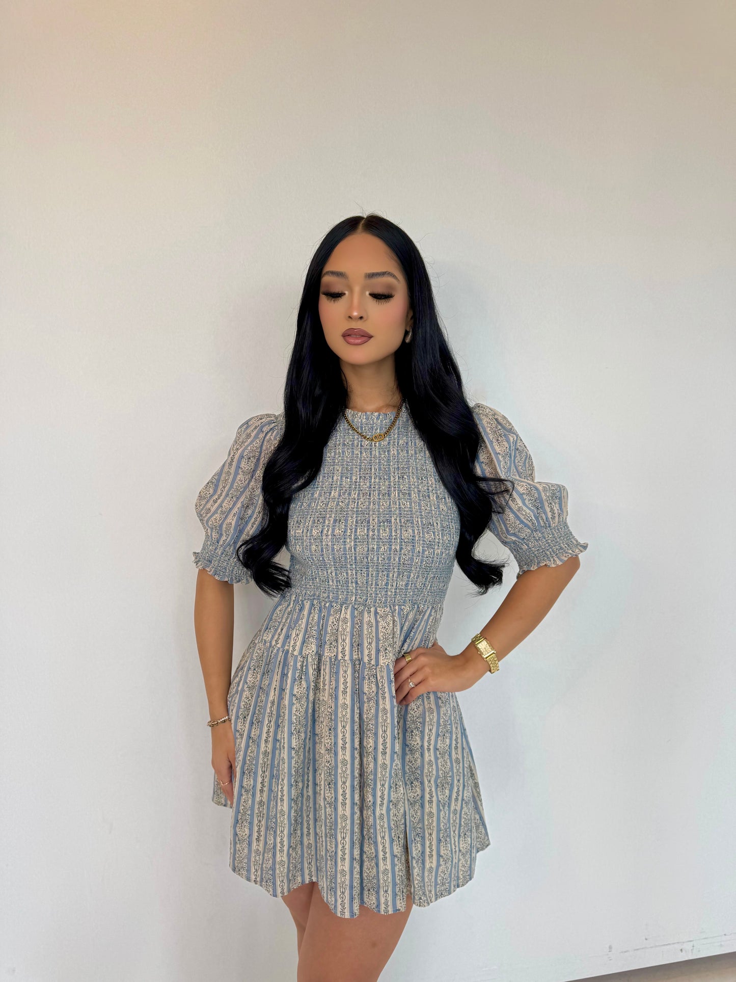 Smocked blue mini dress