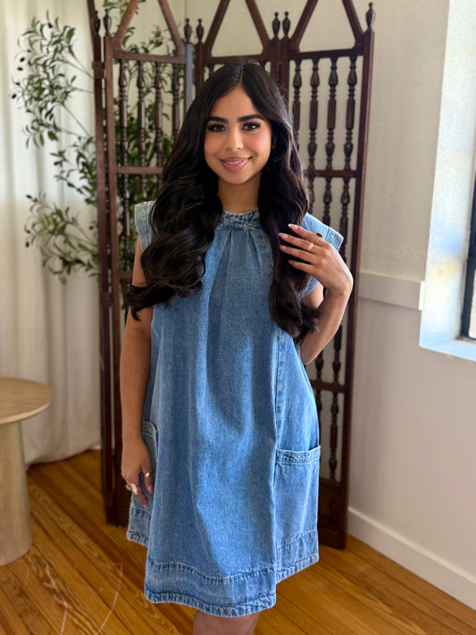Denim pleated mini dress