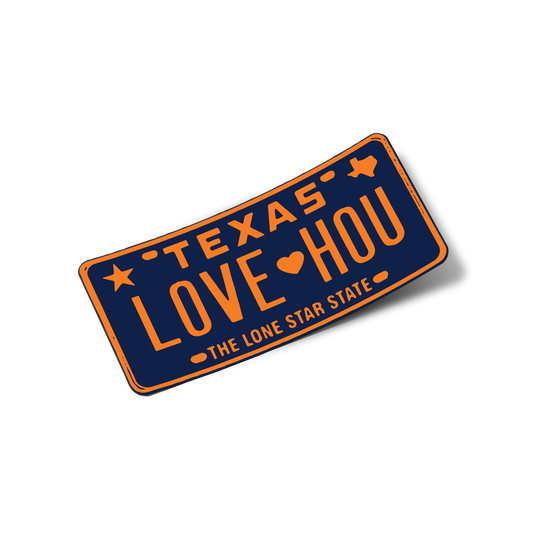LOVE HOU Texas License Plate Orange/Blue Sticker