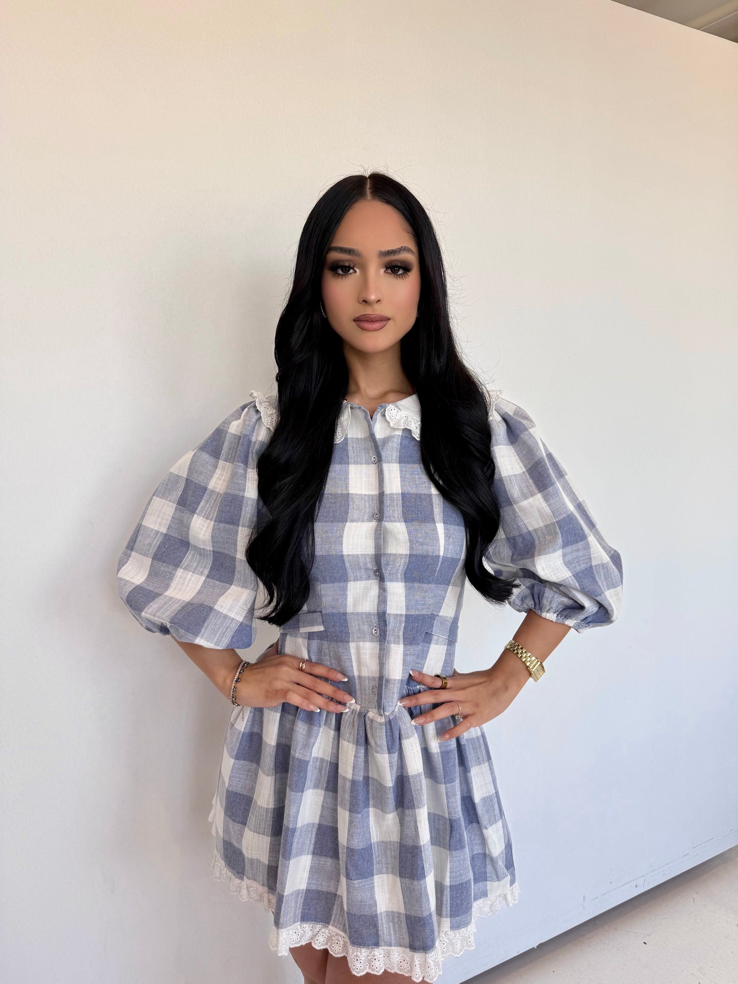Eyelit trim blue dress