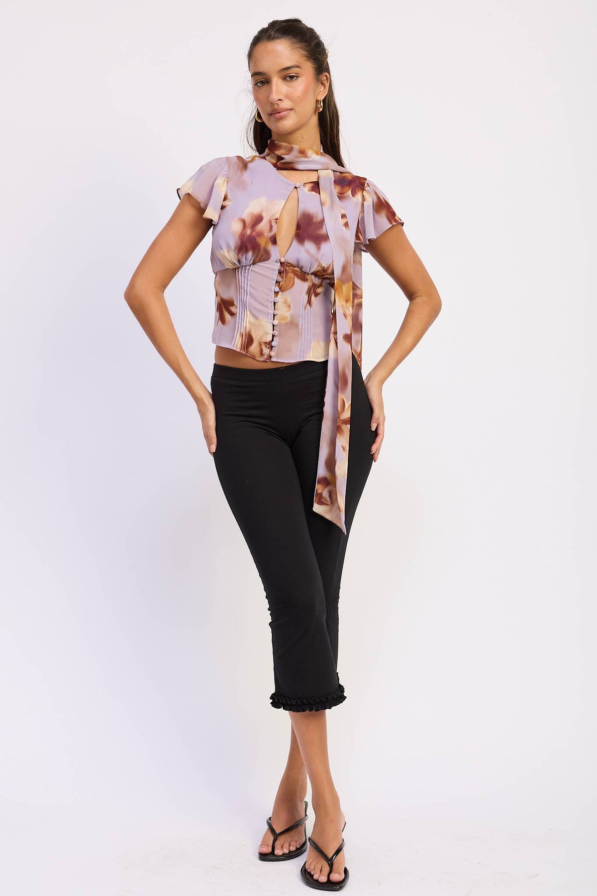 FLUTTER SLEEVE BUTTON FRONT SCARF BLOUSE