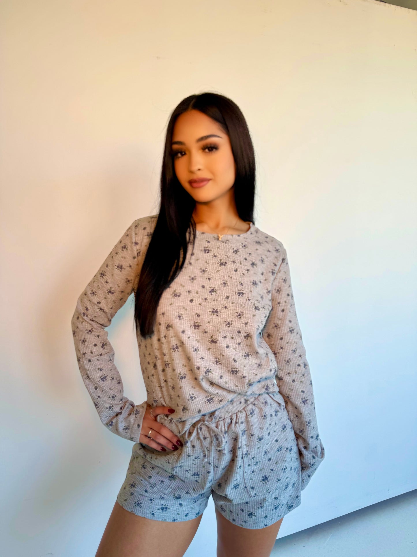 Floral waffle relax shorts