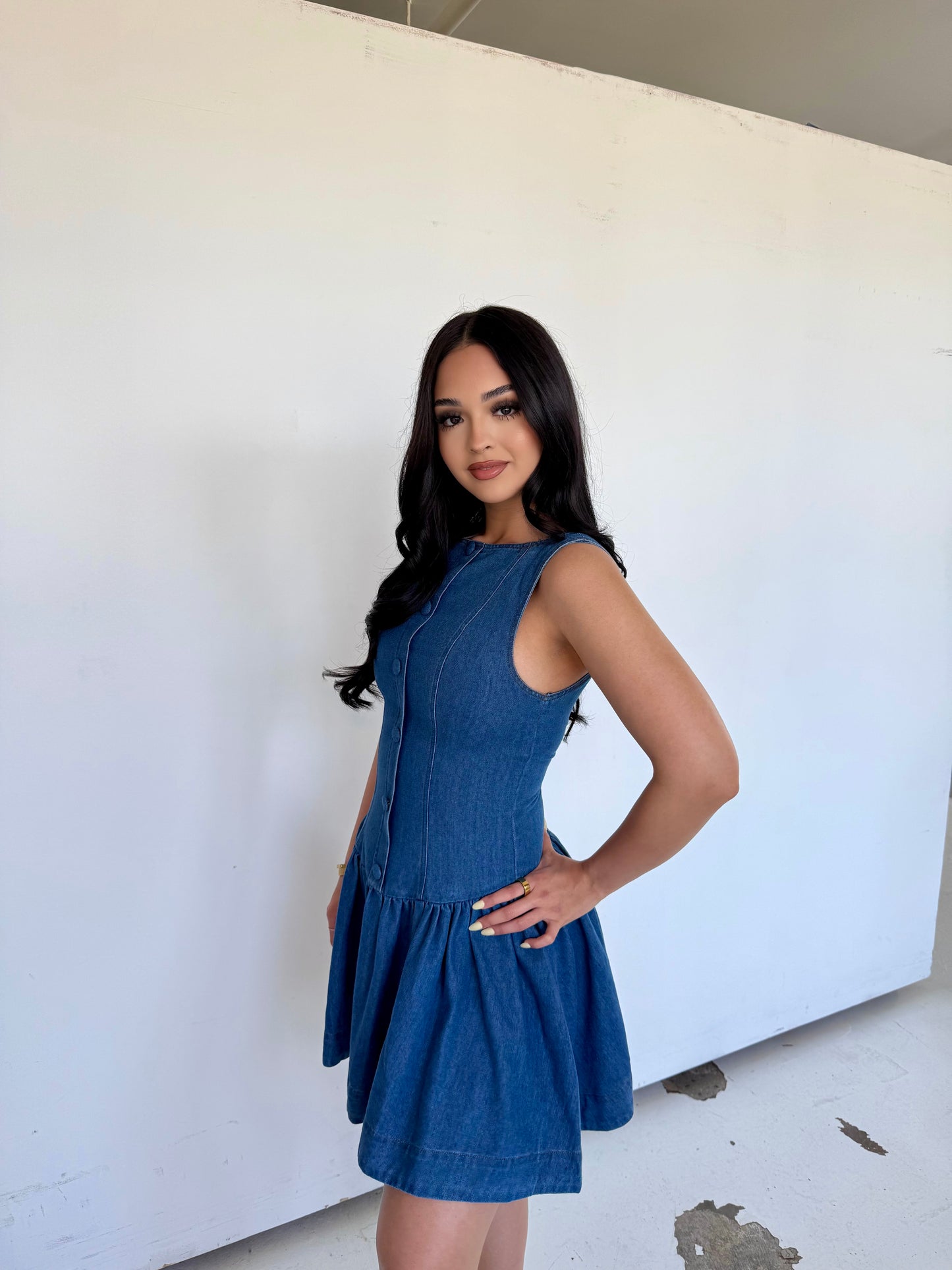 Indigo denim low waist mini dress