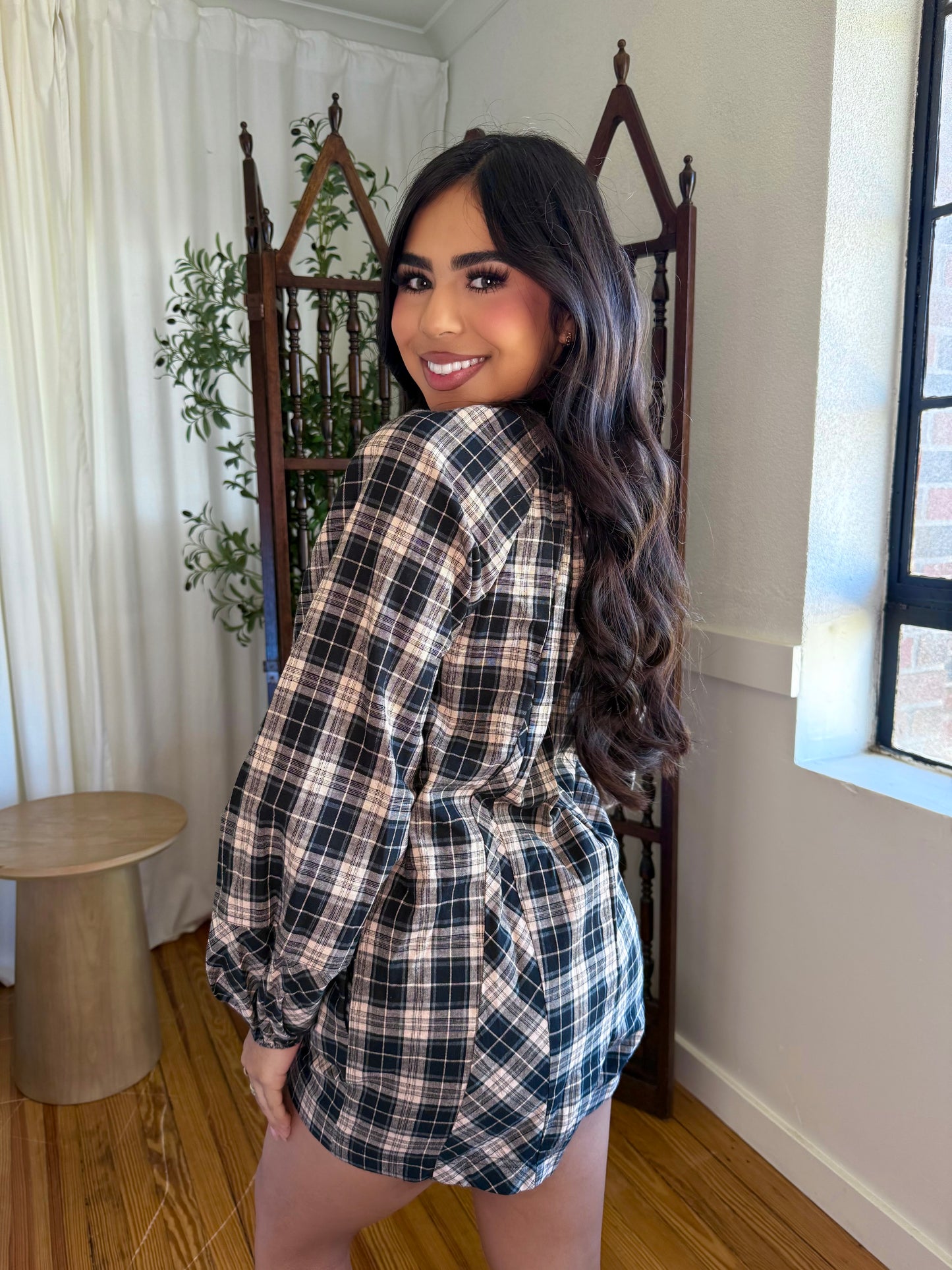 Black beige plaid romper