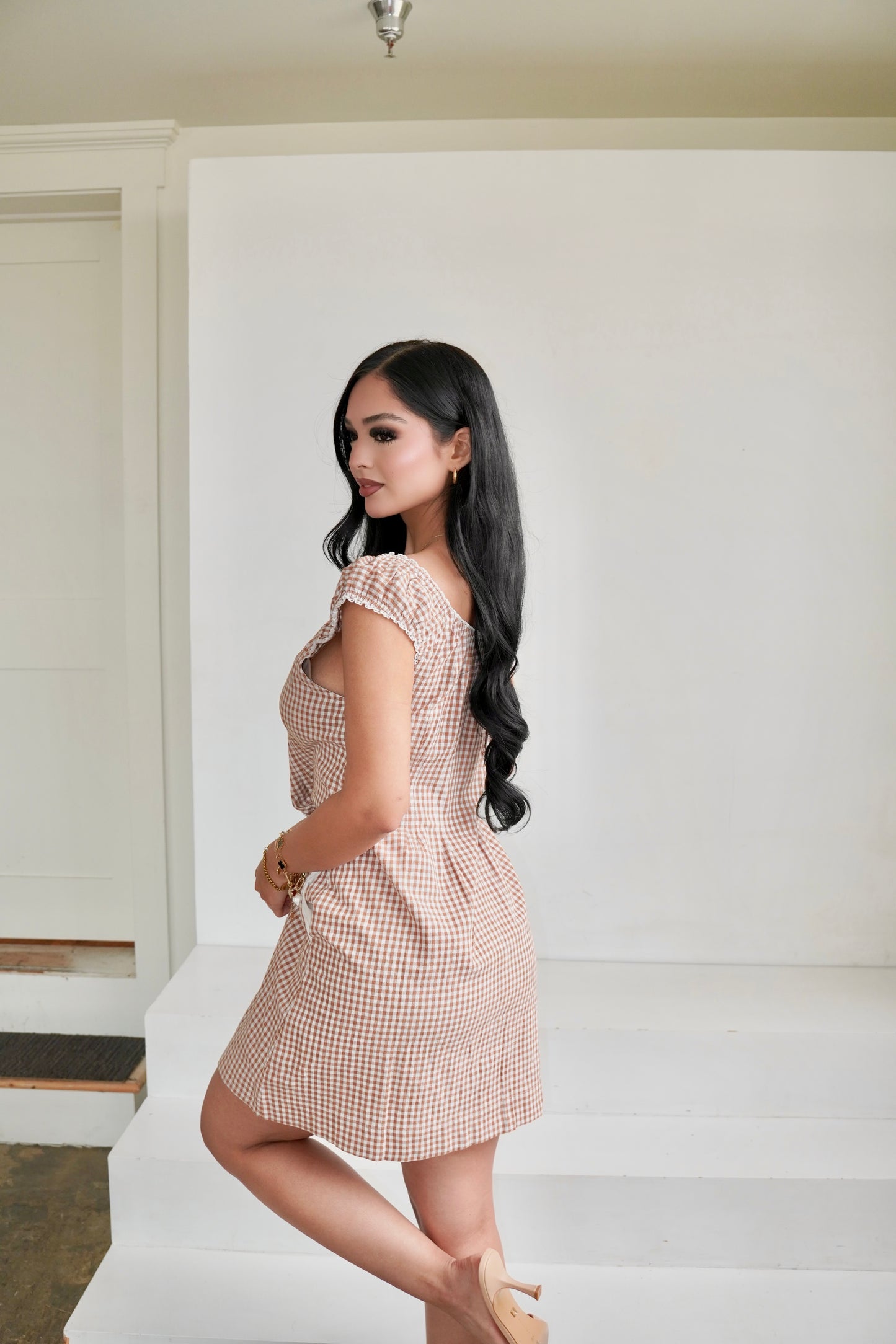 mocha gingham mini dress