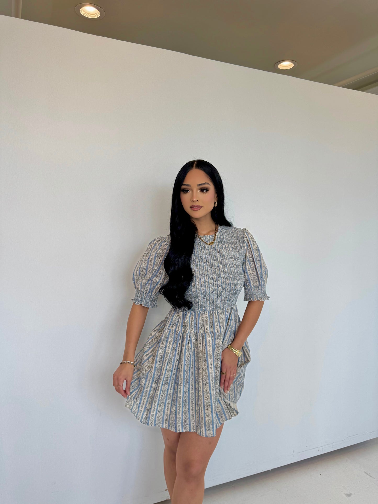 Smocked blue mini dress