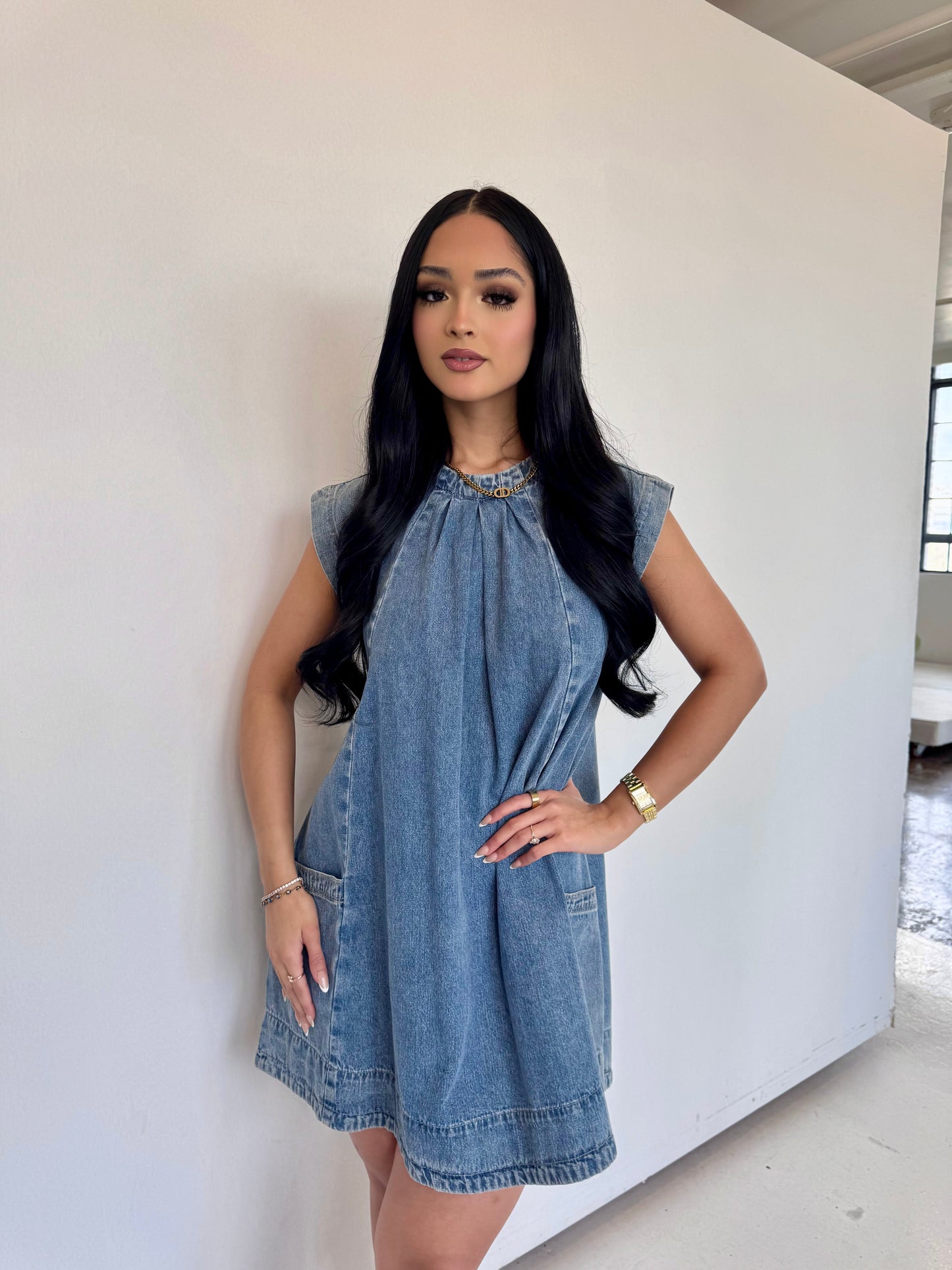 Denim pleated mini dress