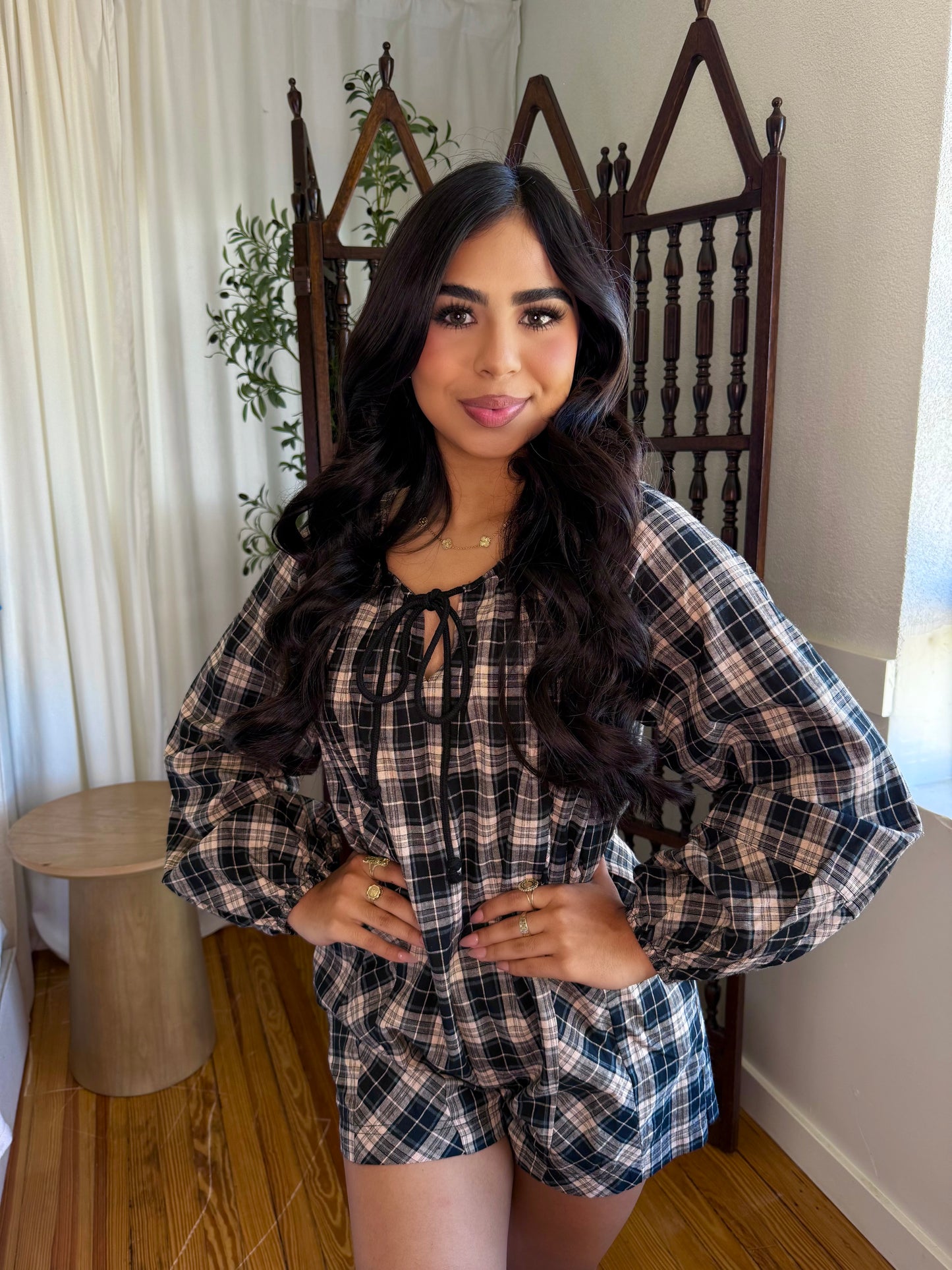 Black beige plaid romper