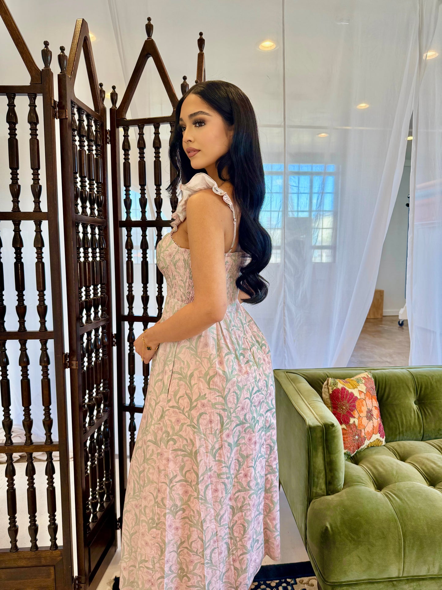 Pink corset ruffle midi dress