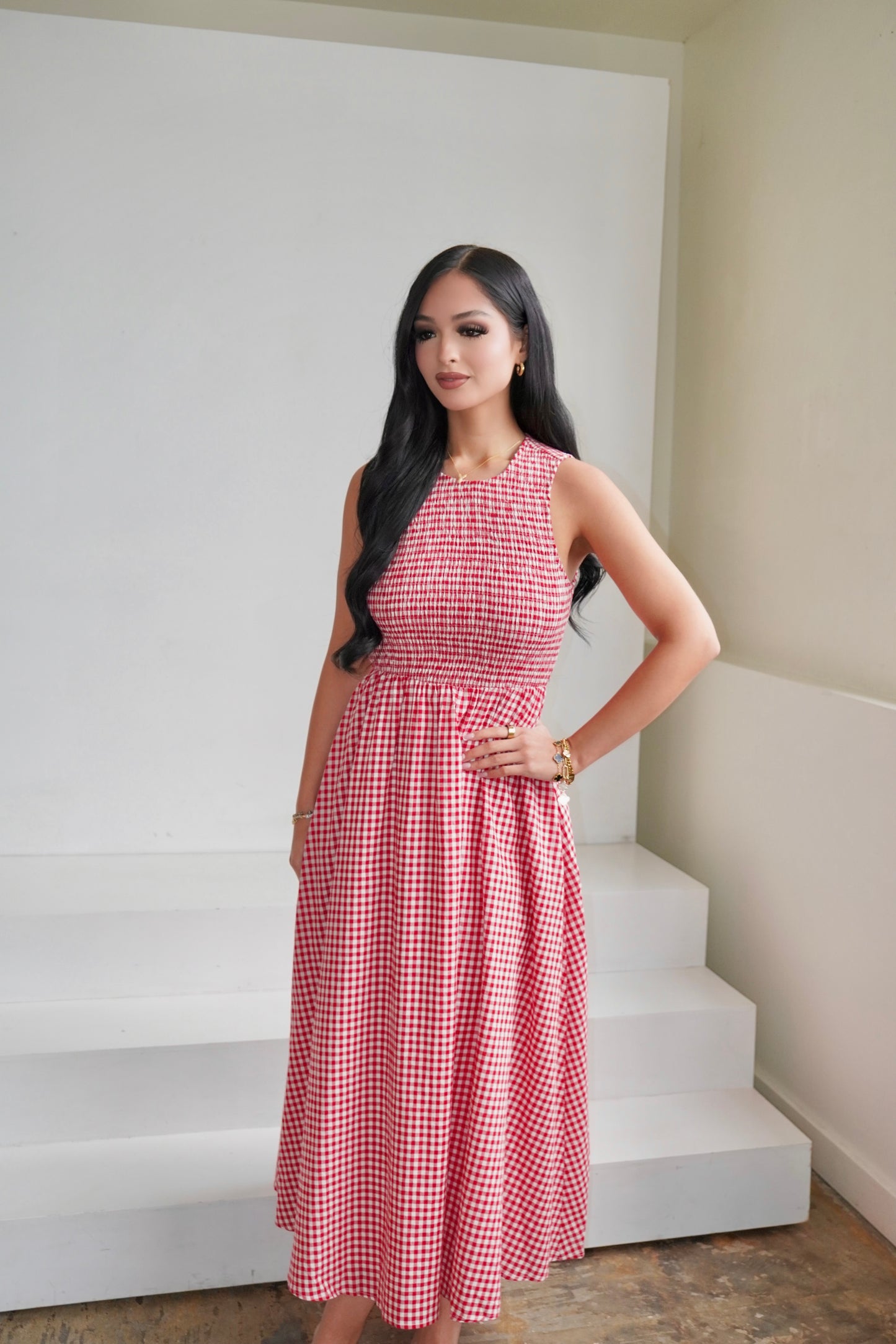 Red gingham midi dress