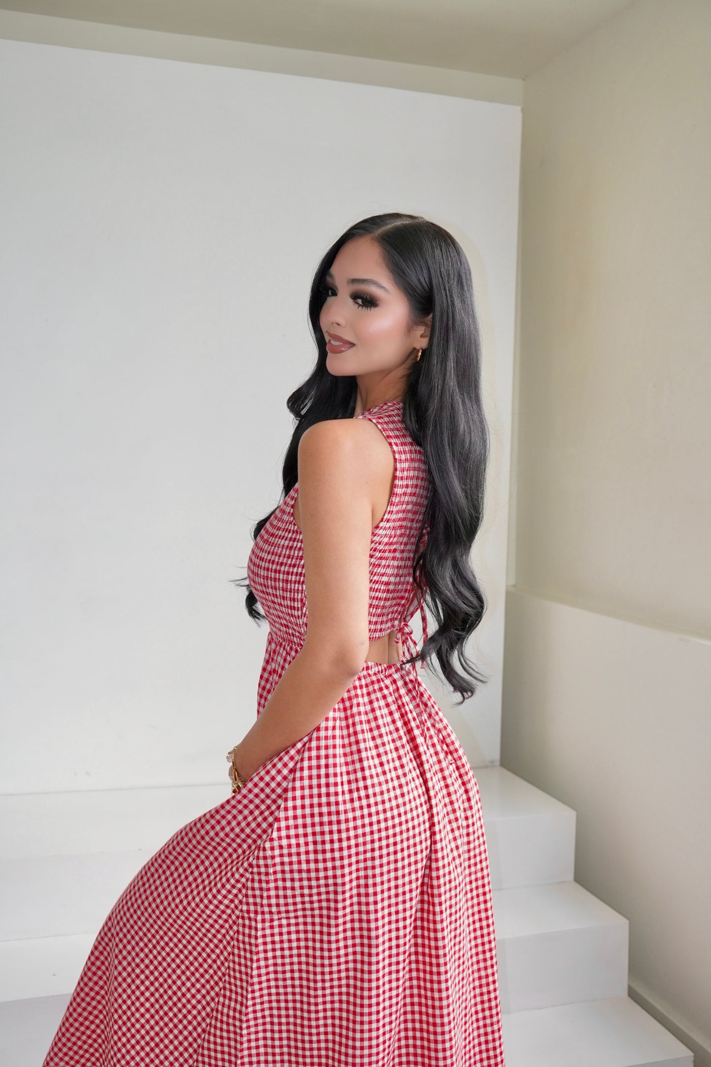 Red gingham midi dress